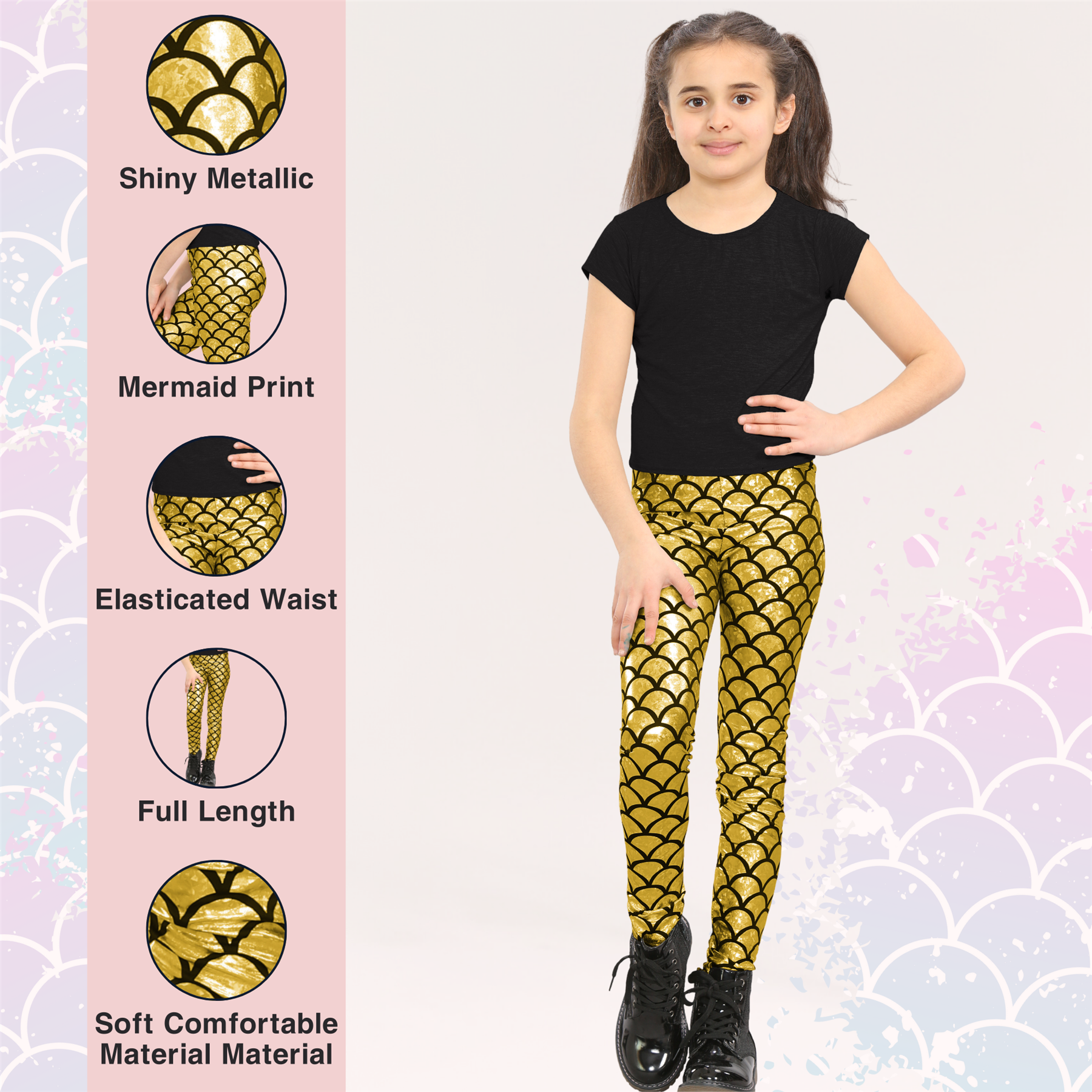 Girls Mermaid Leggings Kids Fish Scale Disco Skinny Shiny Metallic Trouser Pants - Picture 6 of 57
