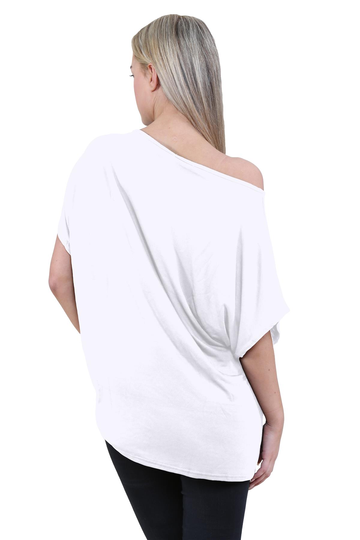 Womens Off Shoulder Top Batwing Sleeve Bardot Oversized T Shirt Plain Summer Top - Picture 174 of 225