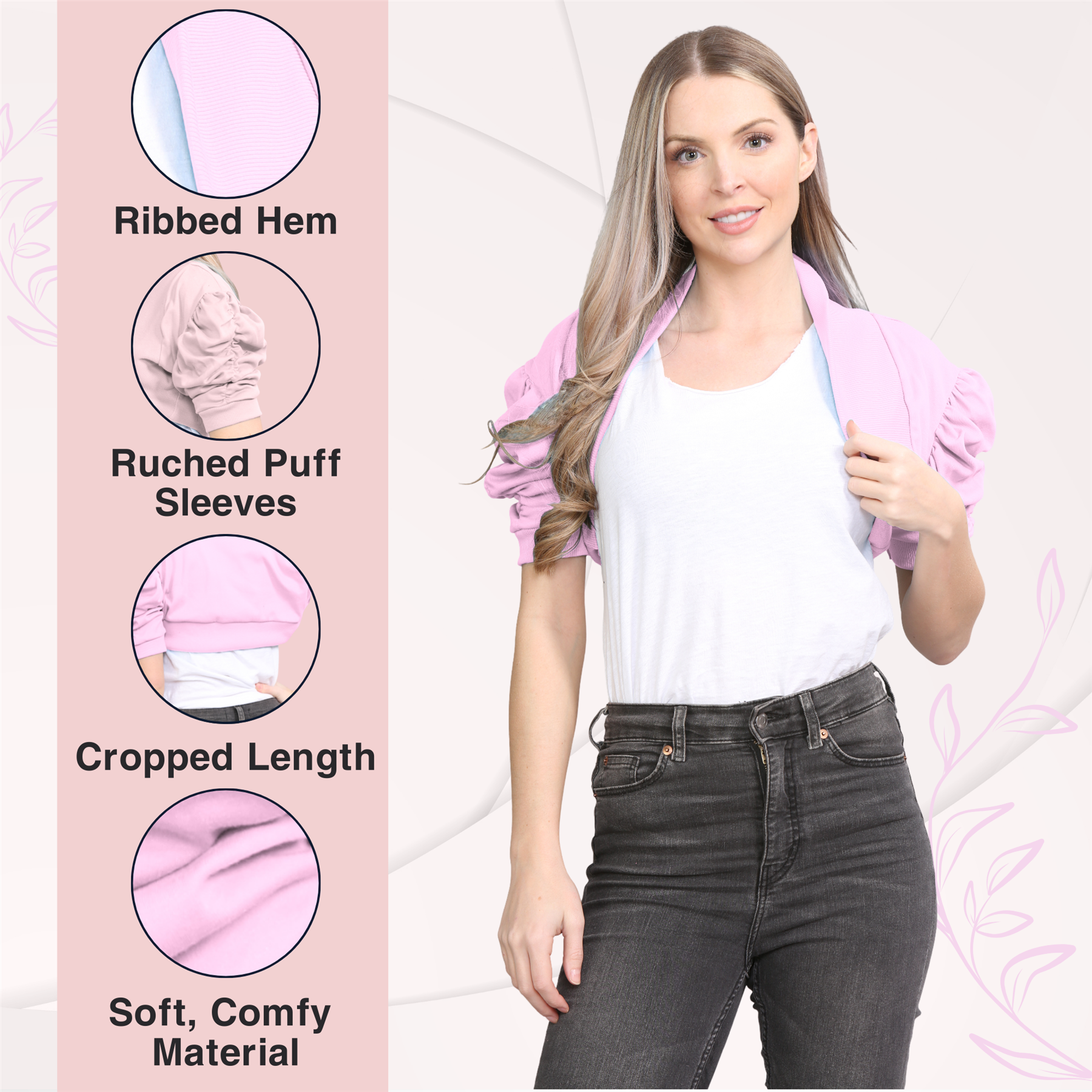Womens Bolero Shrug Ruched Puff Sleeves Plain Open Cardigan Soft Cotton Crop Top - Picture 13 of 100