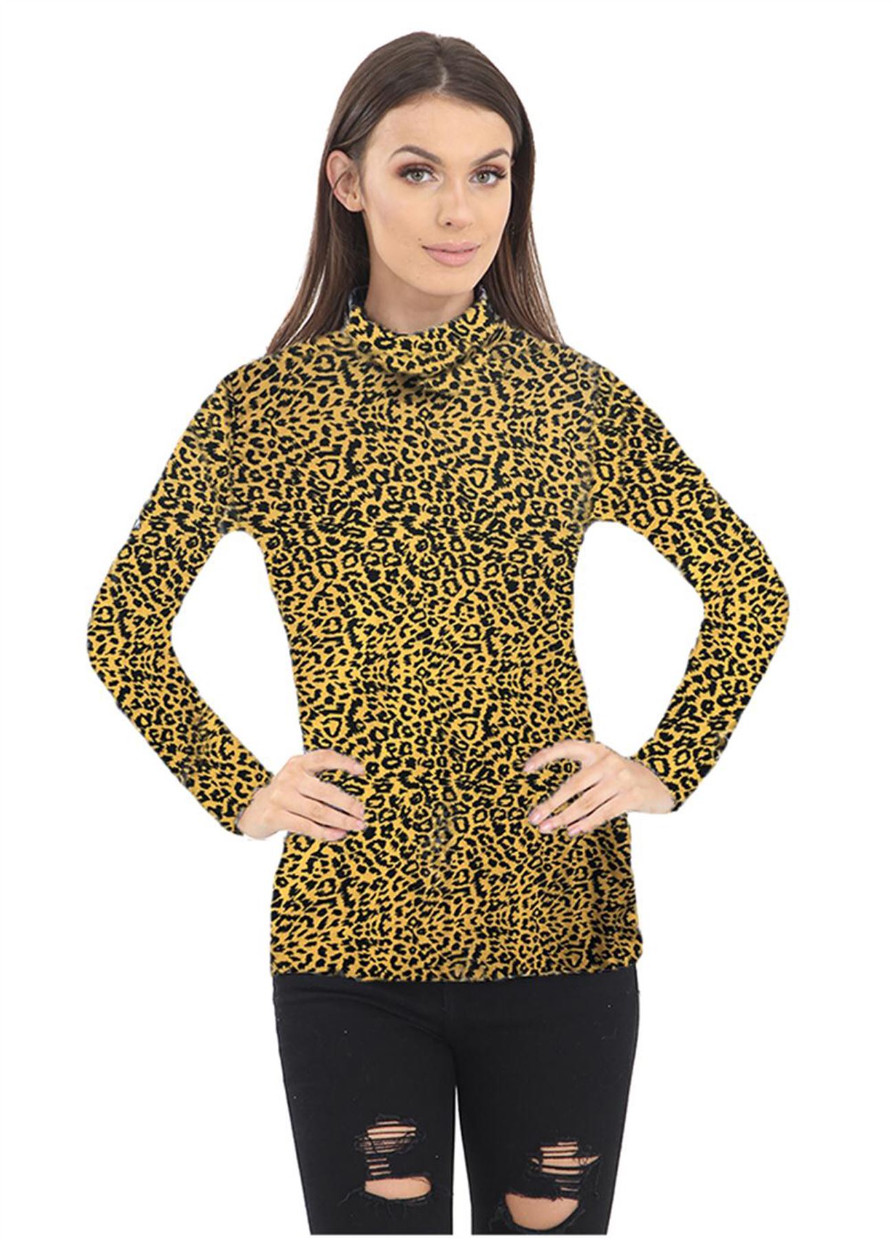 Download New Womens Leopard Print Long Sleeve Turtle Polo Neck T ...