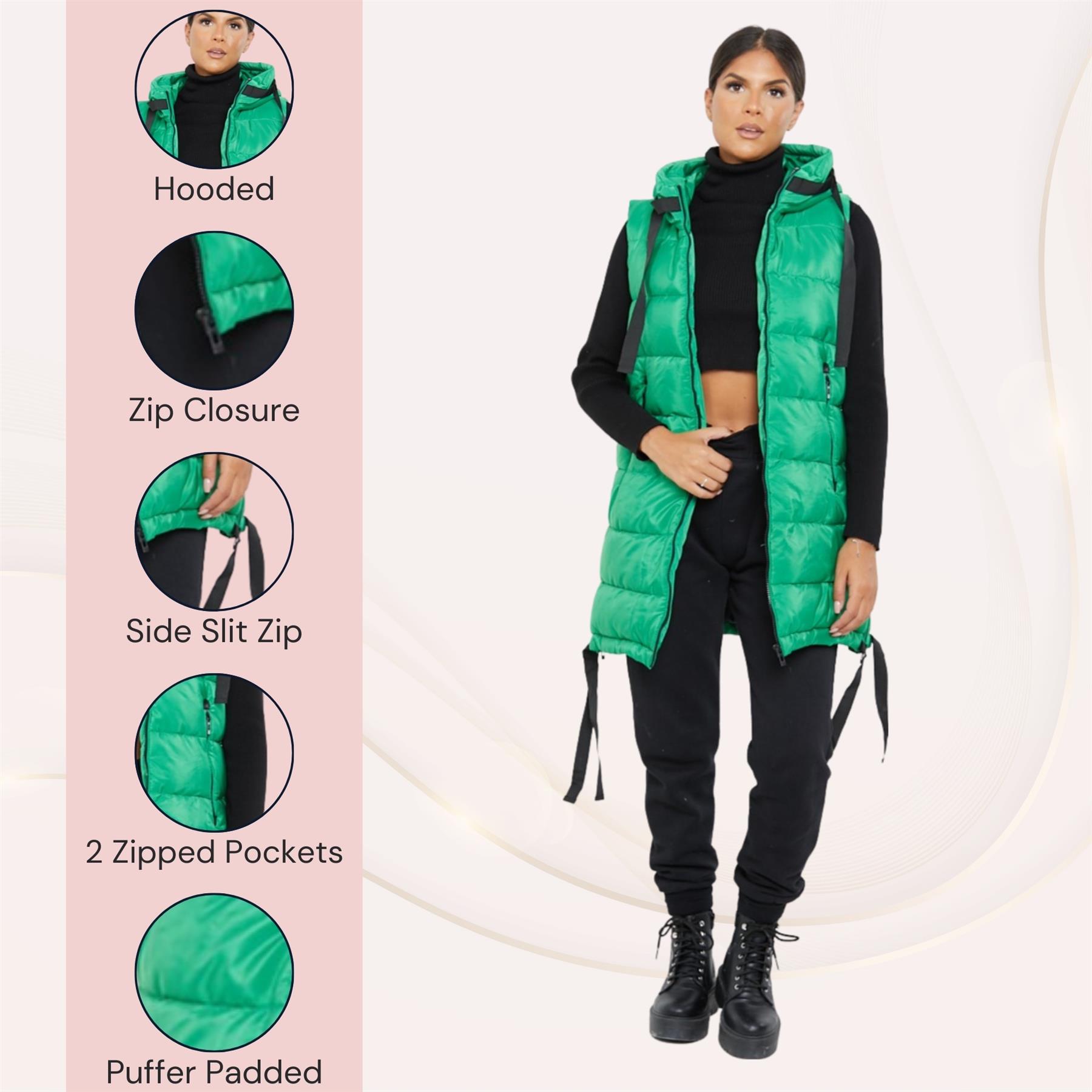 Damas Chaqueta larga acolchada con capucha chaleco acolchada calentador de cuerpo con cremallera - Imagen 19 de 42