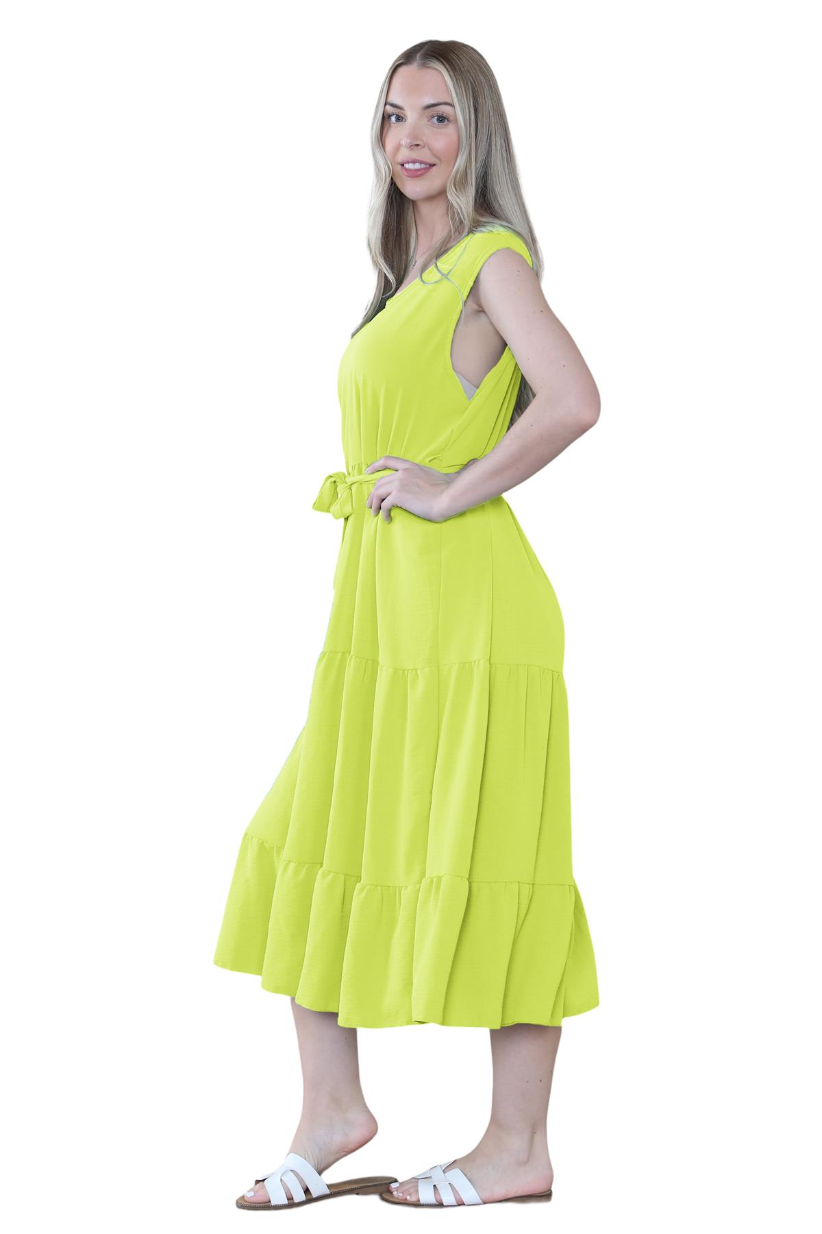 Womens Italian Smock Dress Sleeveless Belted Midi Dress Plain Frill Summer Dress - Picture 12 of 64