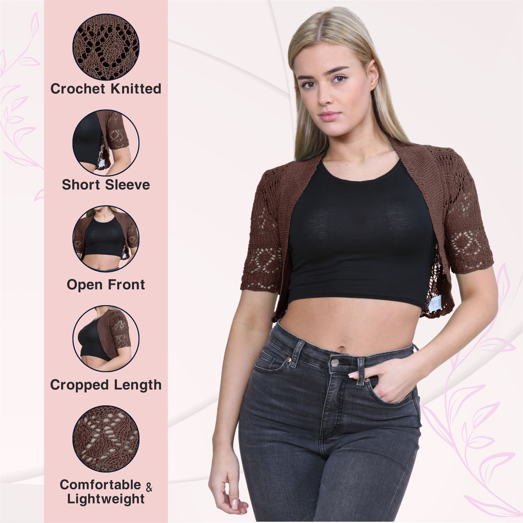 Womens Crochet Knitted Bolero Shrug Short Sleeve Open Front Cardigan Crop Top - Picture 23 of 186