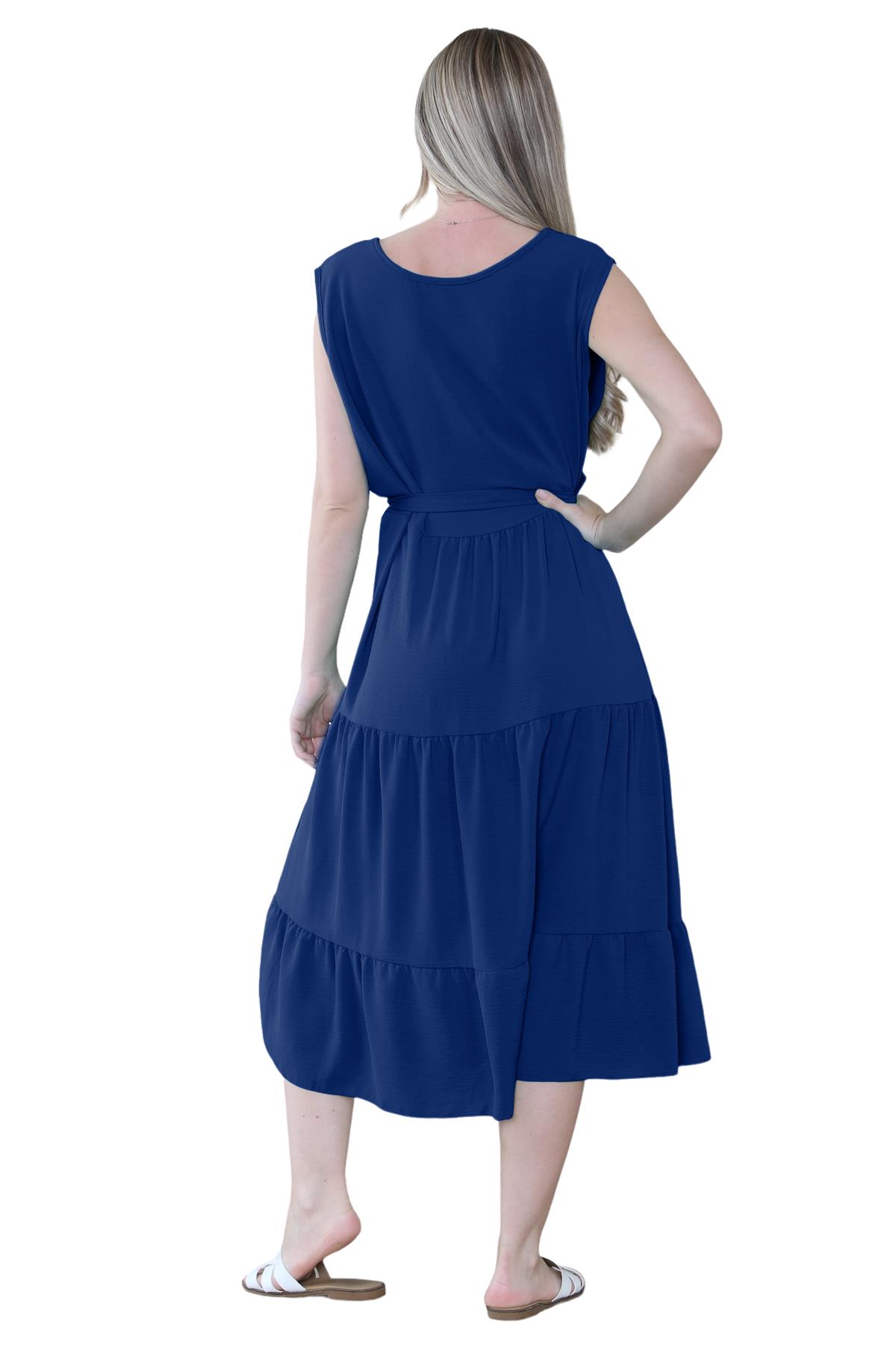 Womens Italian Smock Dress Sleeveless Belted Midi Dress Plain Frill Summer Dress - Picture 55 of 64
