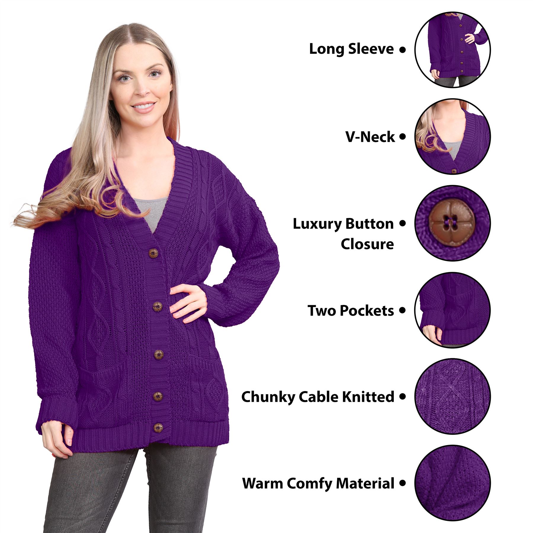 Womens Ladies Chunky Cable Knitted Button Long Sleeve Grandad Cardigan Jumper - Picture 53 of 94
