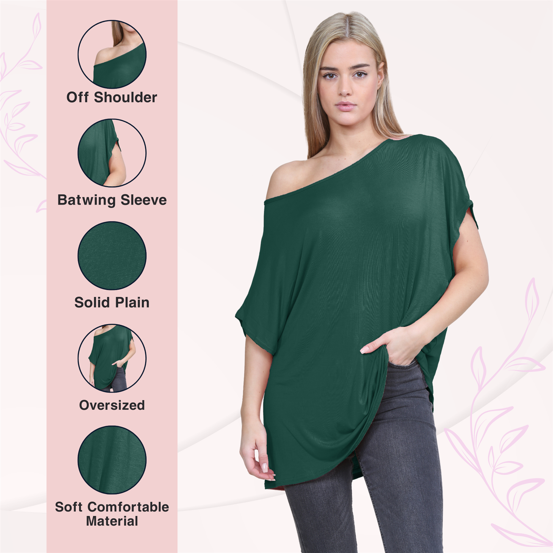 Womens Off Shoulder Top Batwing Sleeve Bardot Oversized T Shirt Plain Summer Top - Picture 25 of 225