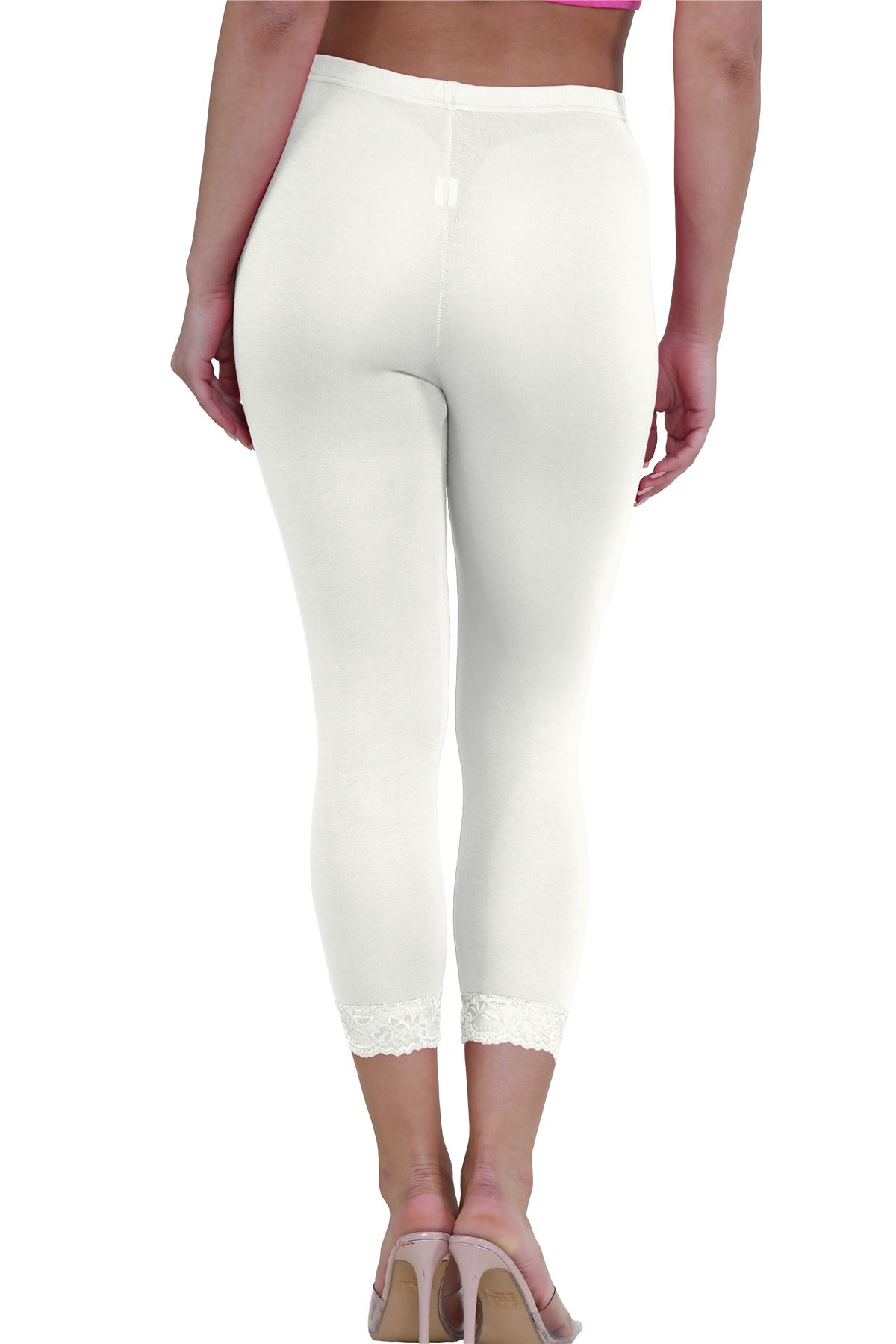 New Ladies Plain Lace Trim Cropped Yoga Stretchy 3/4 Length Capri Leggings Pants - Picture 21 of 132