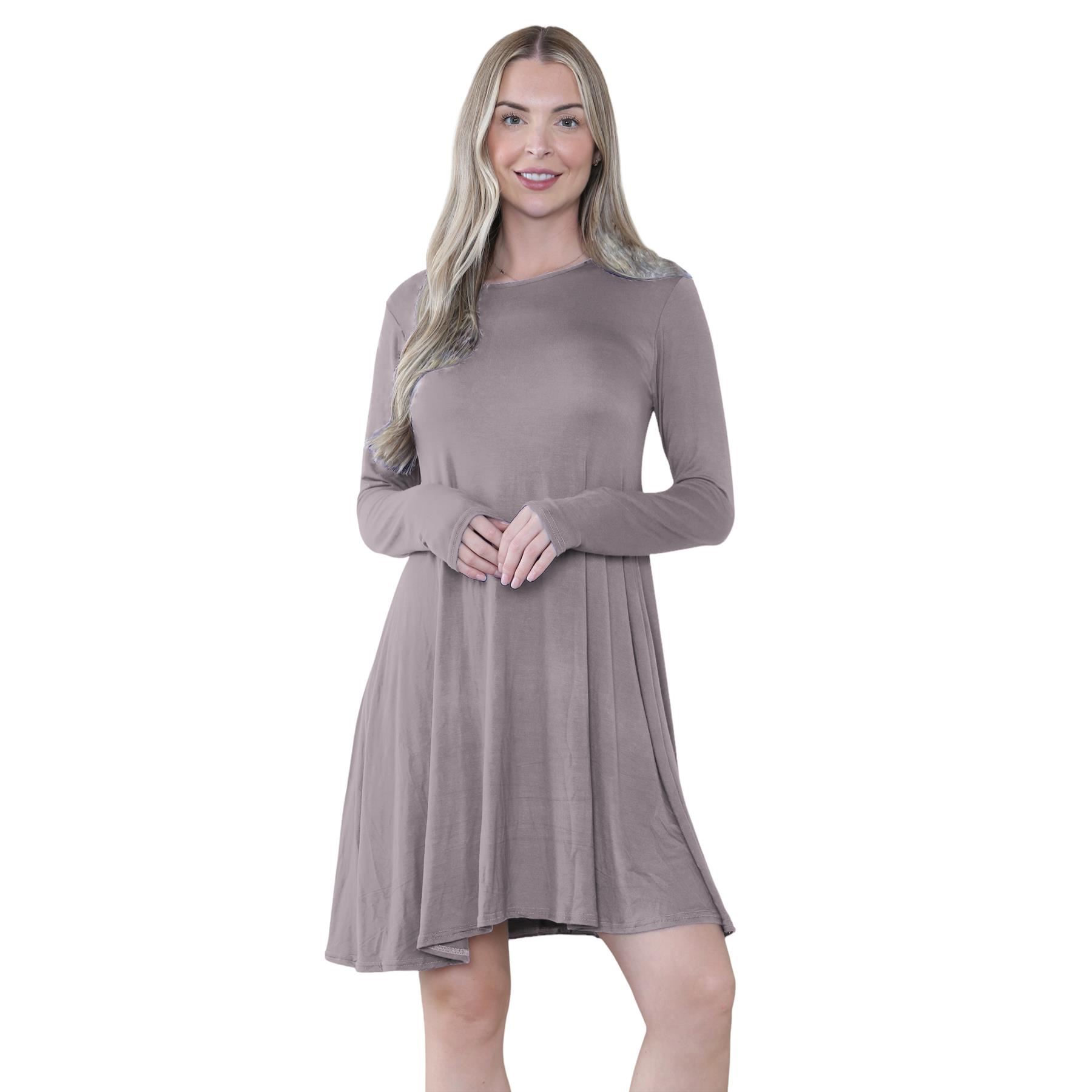 Damen Swing Kleid Uni Langarm Freizeit Ausgestellt A Linie Mini Oberteil Übergröße - Bild 51 von 100
