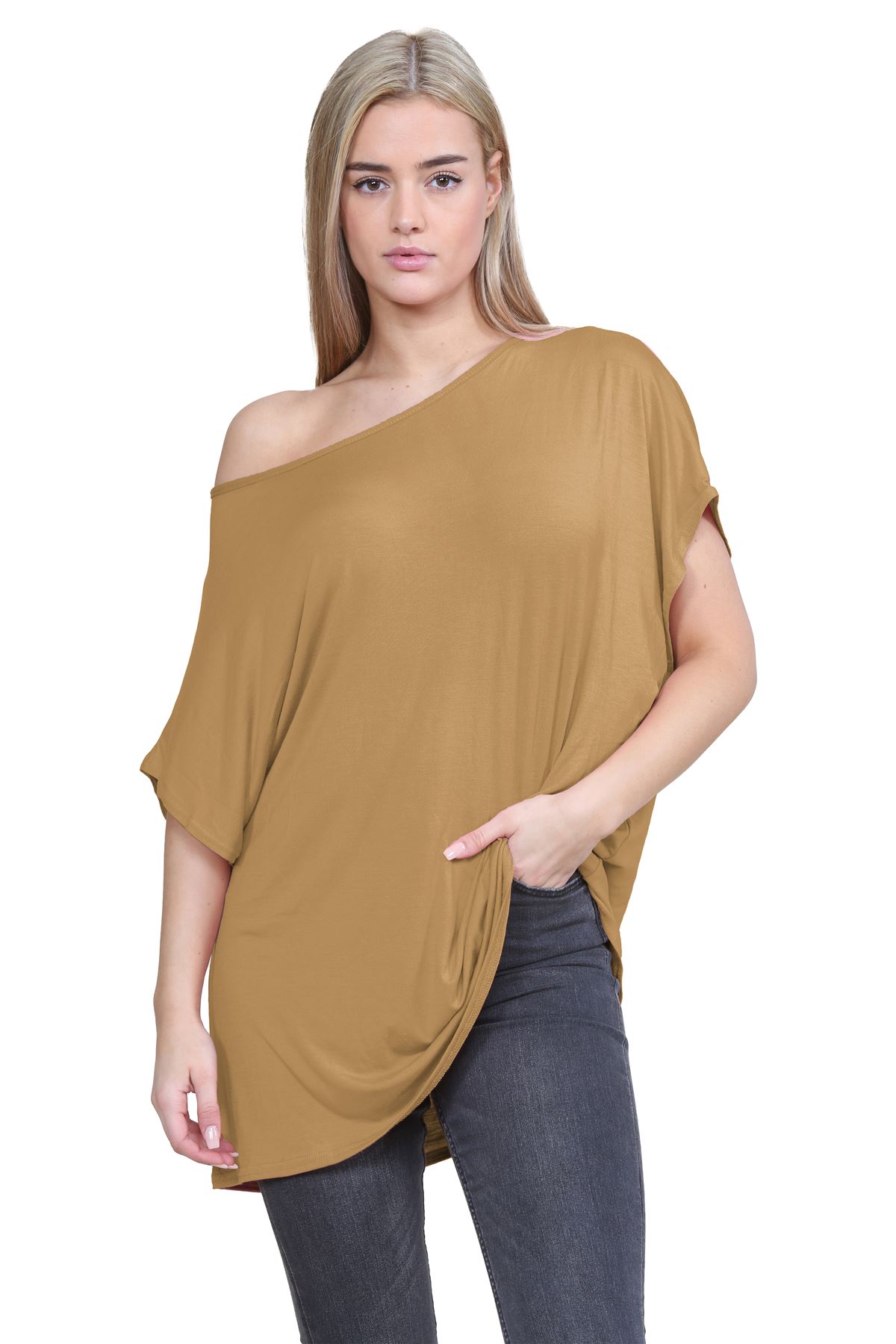 Schulterfreies Damen-T-Shirt Oberteil Fledermausärmel Oversize uni Freizeit Bardot Oberteil - Bild 34 von 225