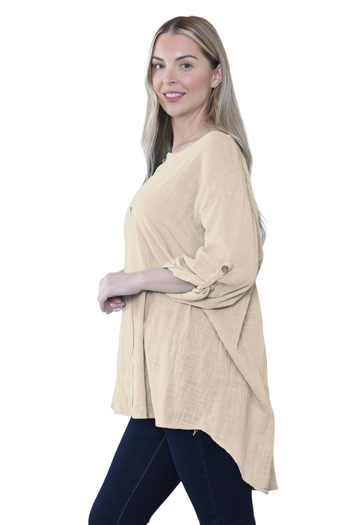 Camiseta informal lisa de lino y algodón con un botón de manga giratoria italiana para dama - Imagen 54 de 63