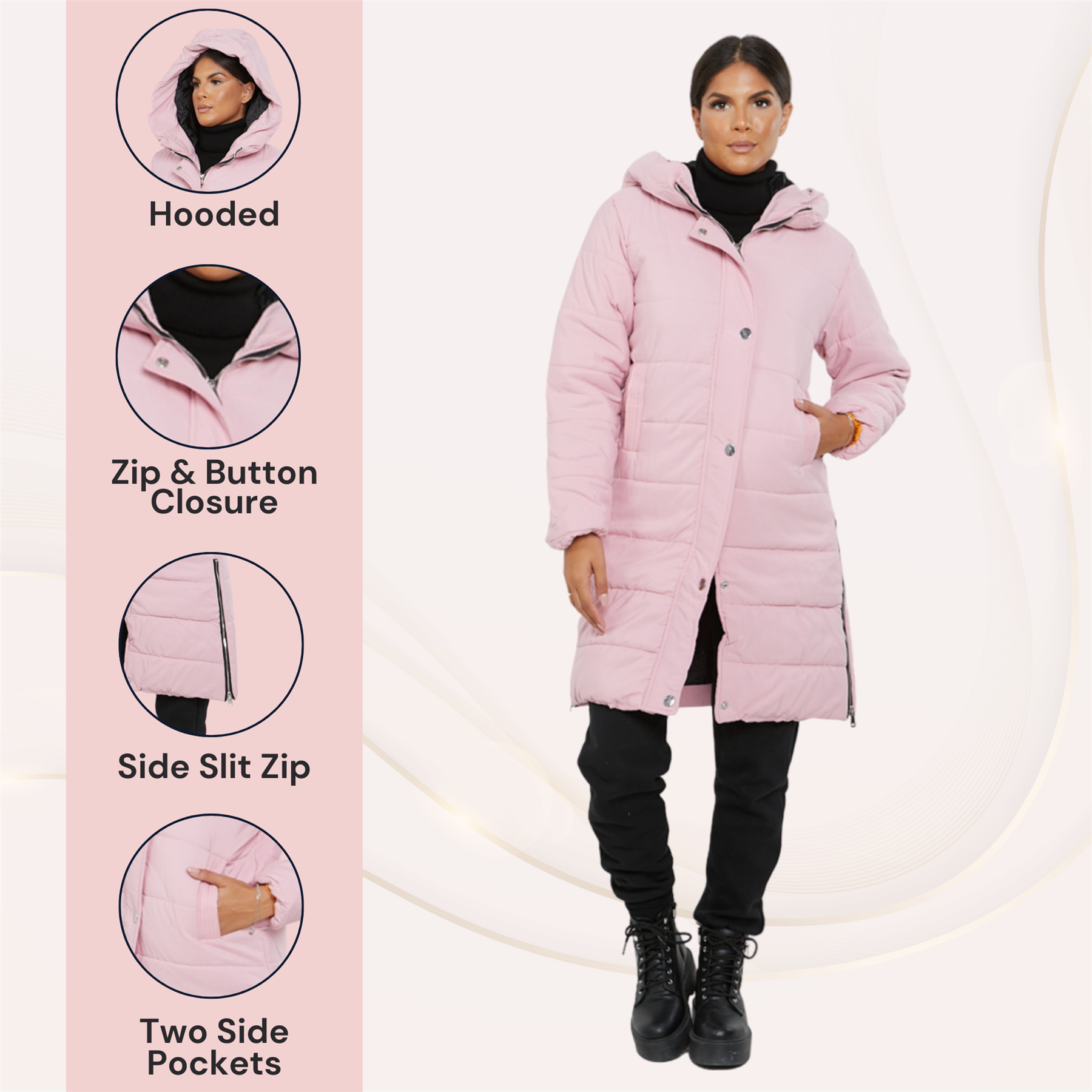 Womens Hooded Longline Coat Puffer Padded Long Sleeve Bodywarmer Winter Jacket - Picture 6 of 50