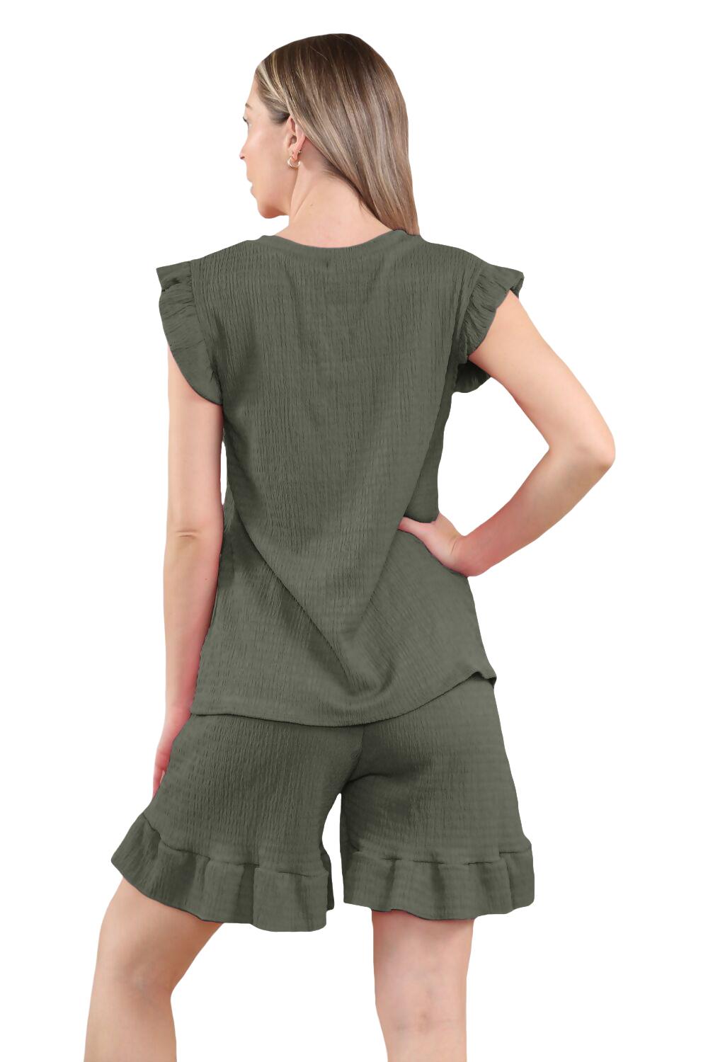 Conjunto corto de 2 piezas italiano para mujer conjunto de ropa de salón de verano con volantes sin mangas - Imagen 28 de 61