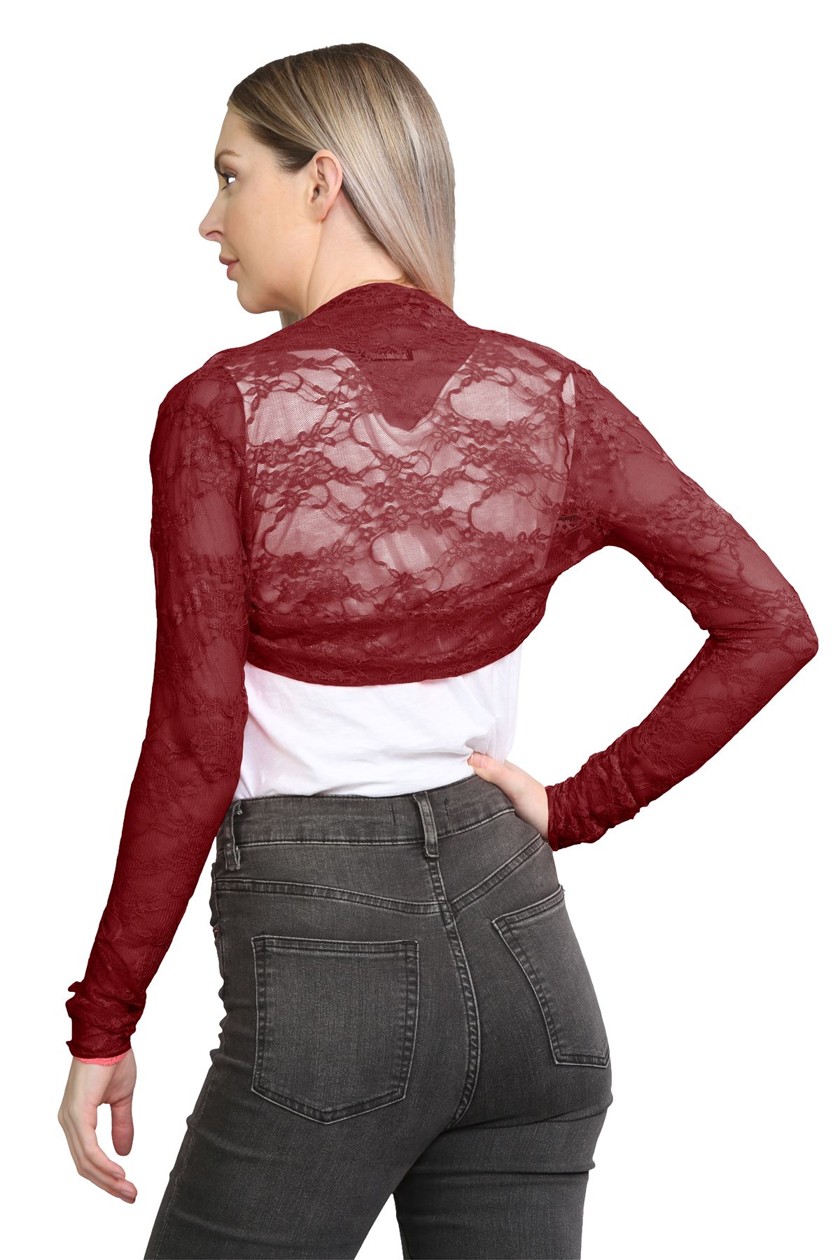 Damen Blumen Spitze Bolero Achselzucken vorne offen lange Ärmel Cropped Cardigan Top - Bild 70 von 79
