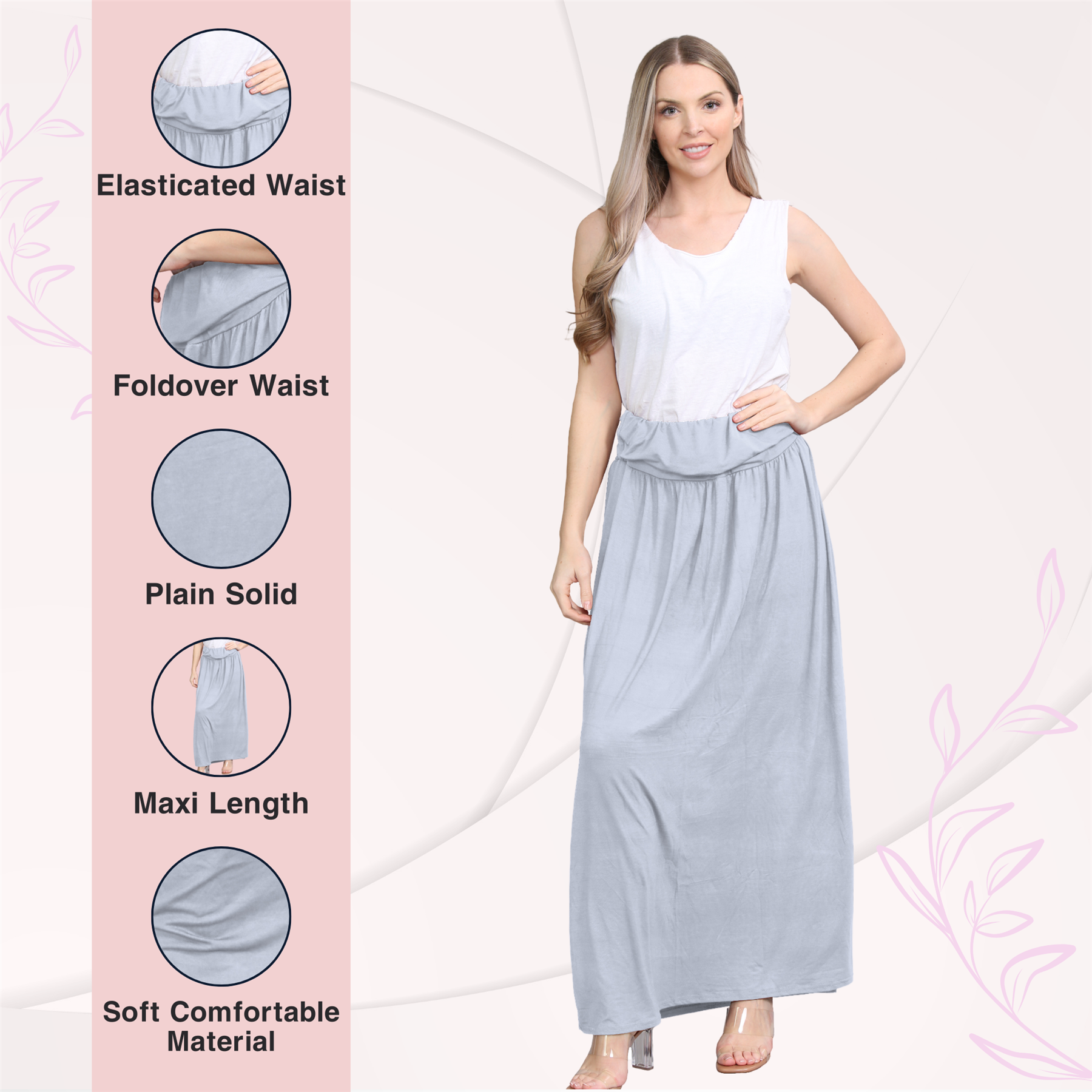 Womens Fold Over Maxi Skirt Plain Pleated Waist Jersey Summer Gypsy Long Skirt - Picture 26 of 68