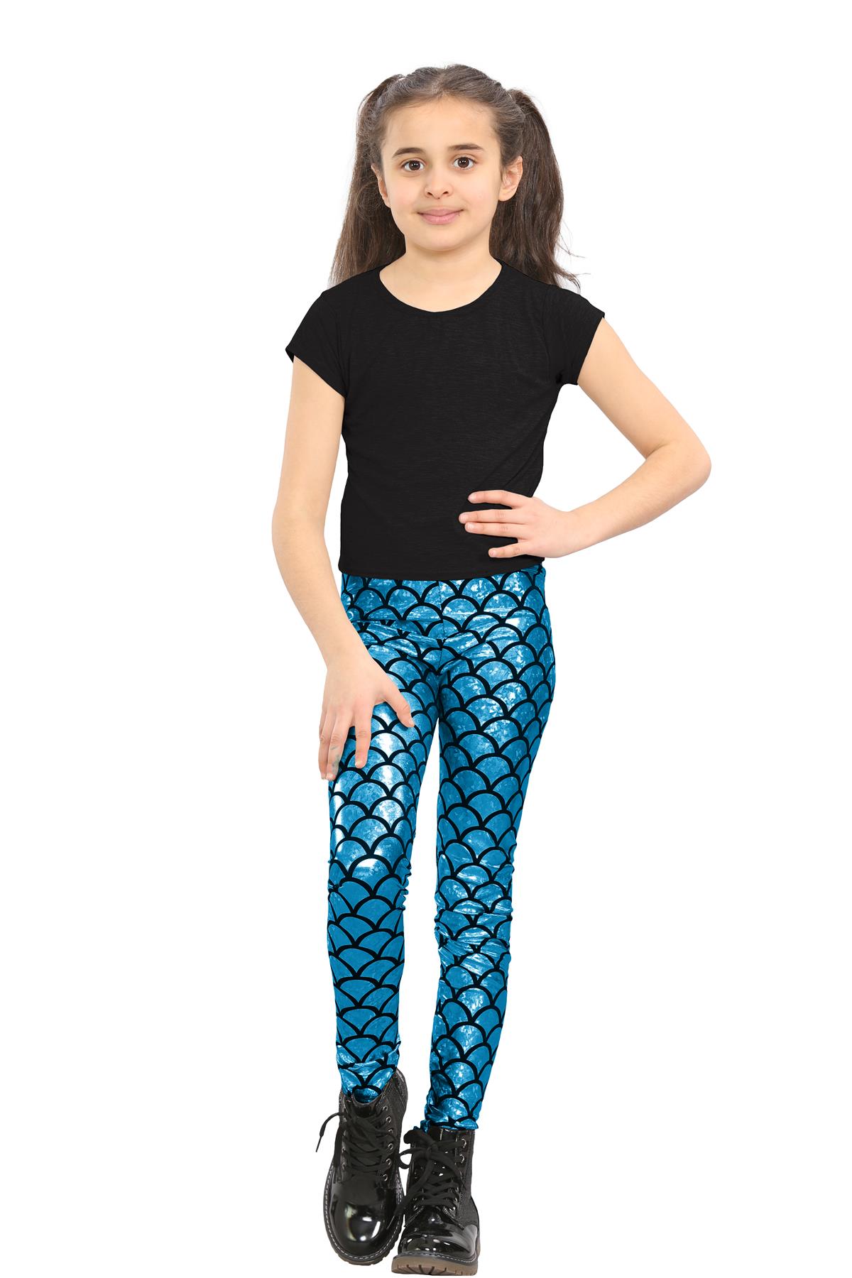 Girls Mermaid Leggings Kids Fish Scale Disco Skinny Shiny Metallic Trouser Pants - Picture 55 of 57