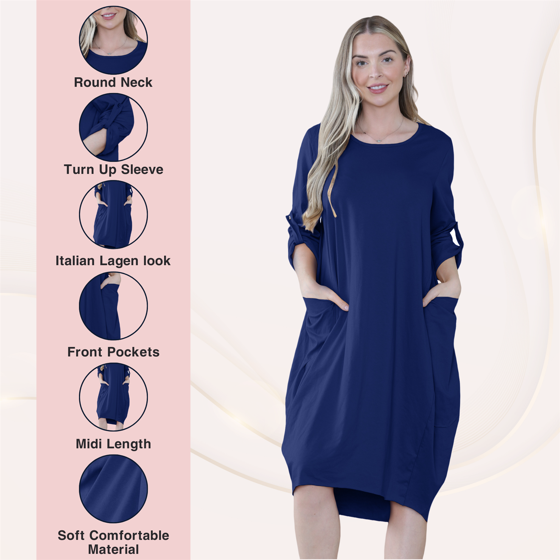 Vestido túnica italiana con mangas giratorias para damas Vestido Lagenlook Bolsillos lisos Vestido holgado - Imagen 33 de 45