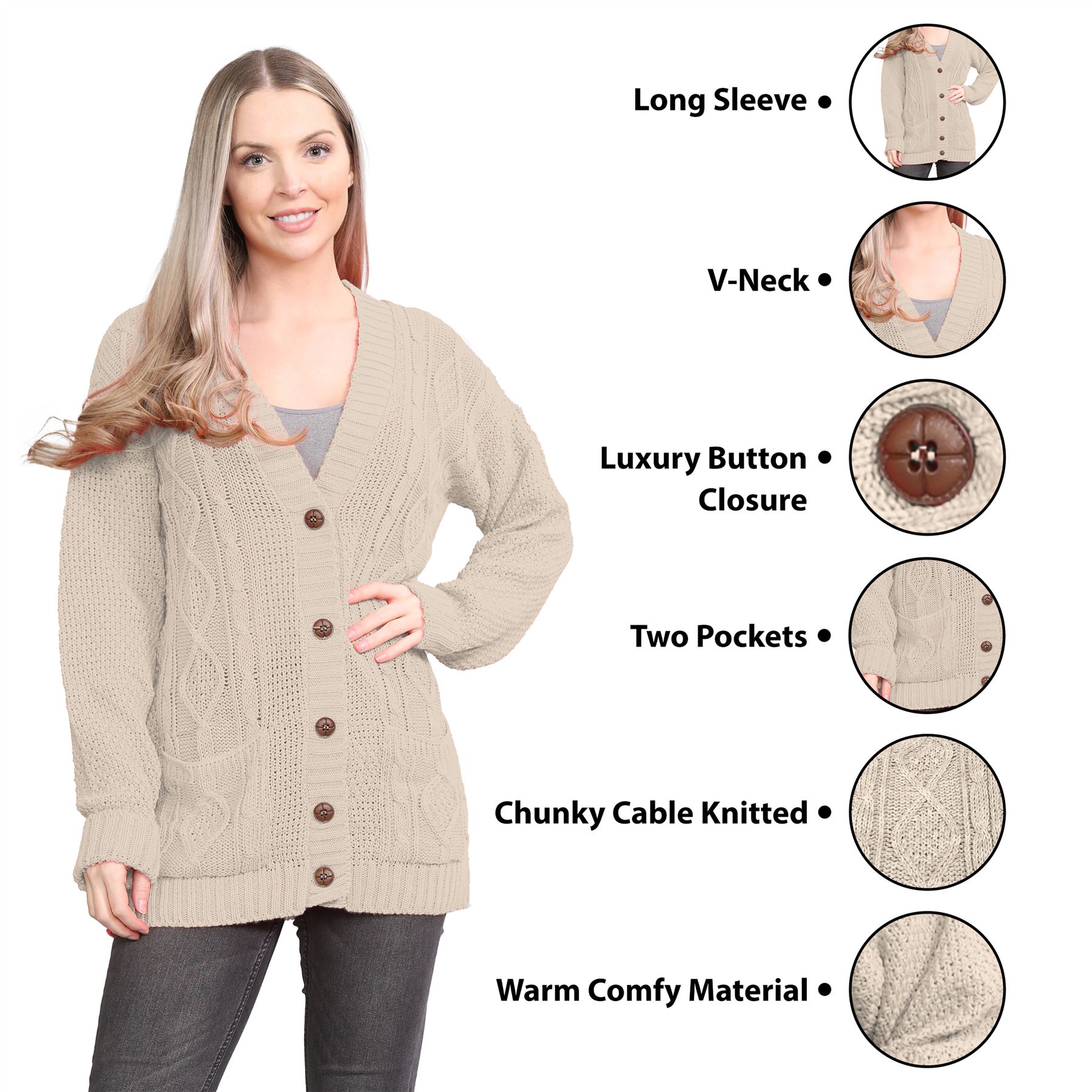 Womens Ladies Chunky Cable Knitted Button Long Sleeve Grandad Cardigan Jumper - Picture 73 of 94