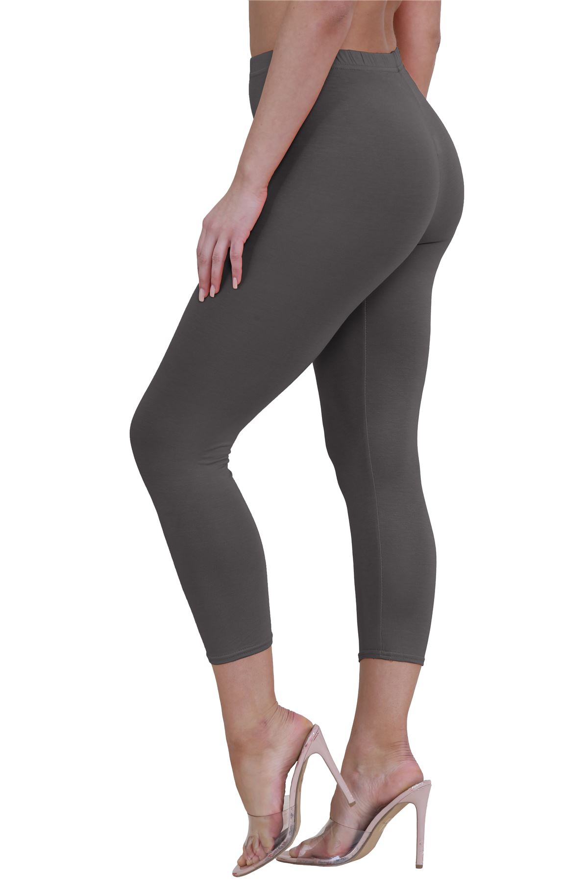 Womens 3/4 Leggings Workout Tight Plain Stretchy Cropped Capri Active Pants - Picture 36 of 186