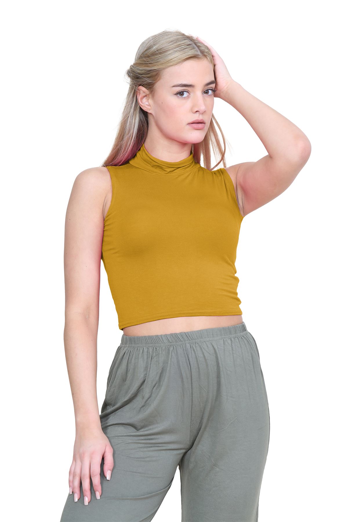 Womens Sleeveless Crop Top Ladies High Turtle Neck Plain Stretchy T-Shirt Vest - Picture 42 of 165