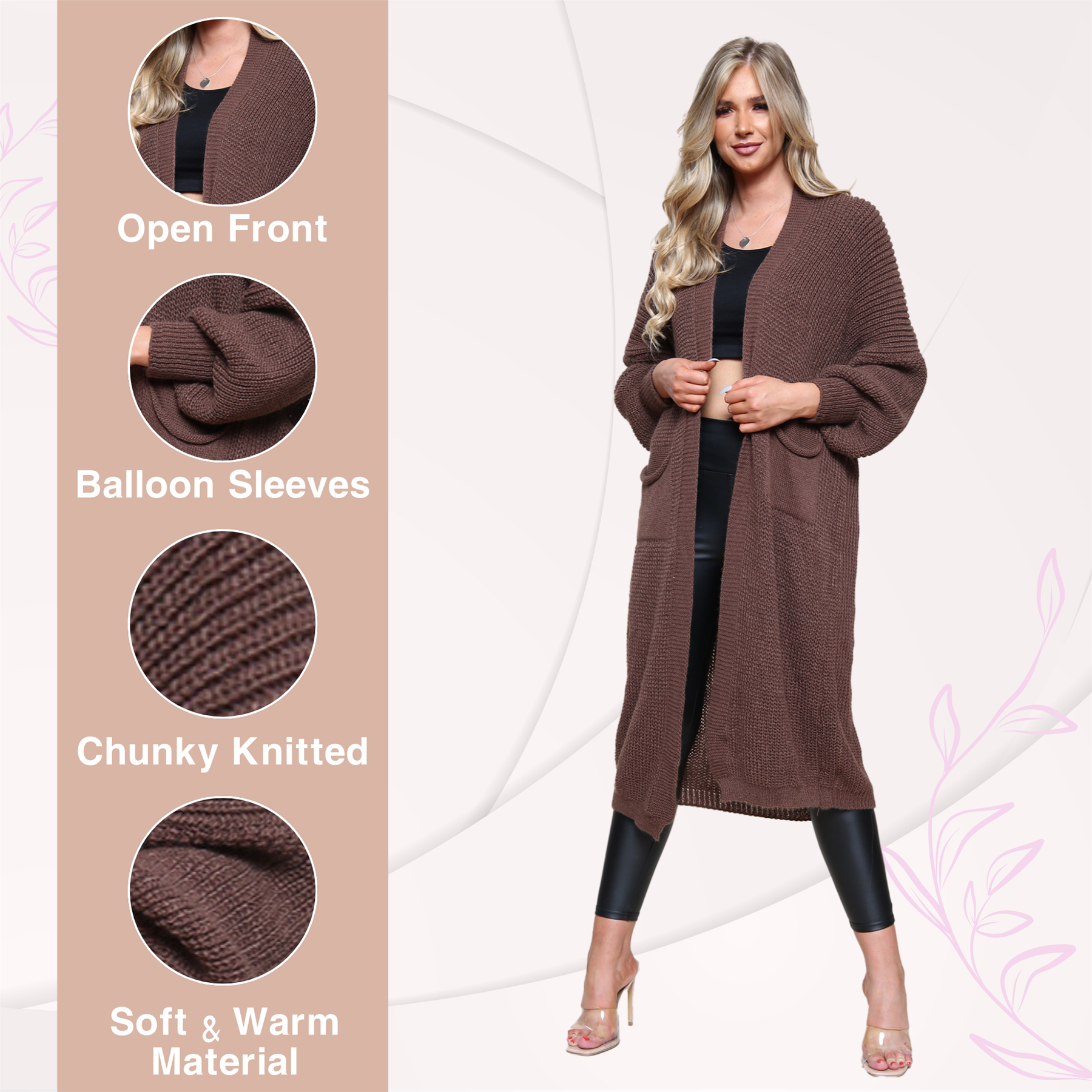 Ballonärmel Maxi Cardigan Damen übergroß gestrickt Winter Longline Pullover - Bild 11 von 134