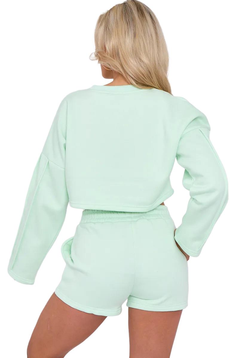 Womens Pleated Lined Crop Top Shorts Set 2 Pcs Co-ord Fleece Loungewear Suit - Picture 16 of 36