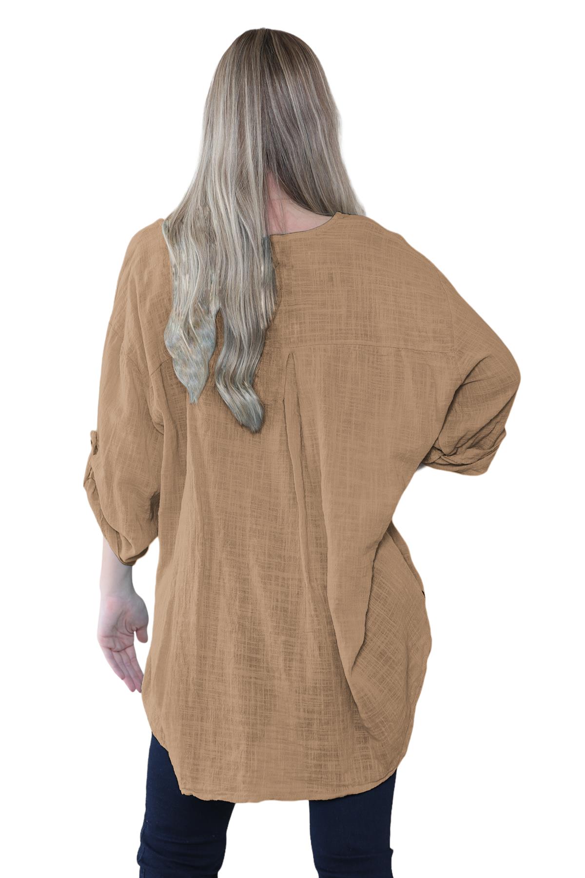 Camiseta informal lisa de lino y algodón con un botón de manga giratoria italiana para dama - Imagen 10 de 63