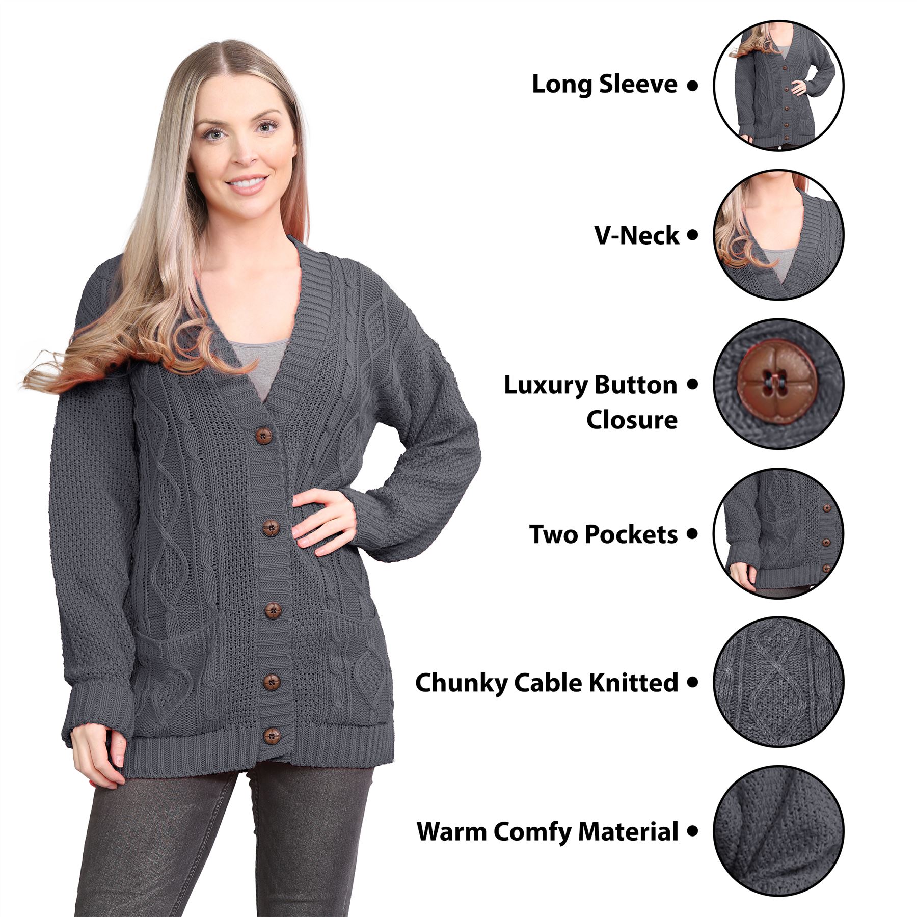 Womens Ladies Chunky Cable Knitted Button Long Sleeve Grandad Cardigan Jumper - Picture 13 of 94
