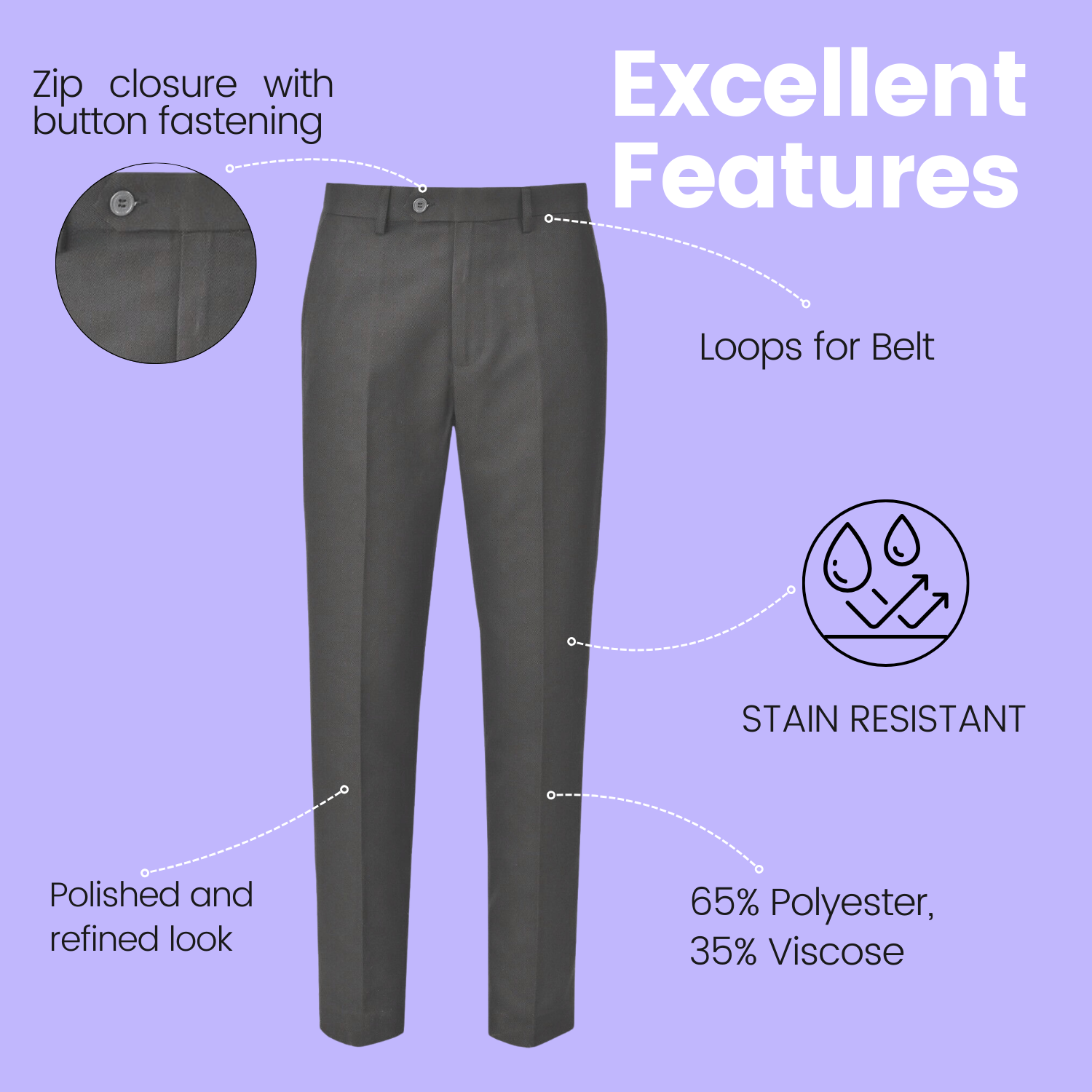 Senior Jungen Schulhose flache vordere Taillenversteller Teflon formelle Uniformhose - Bild 12 von 15