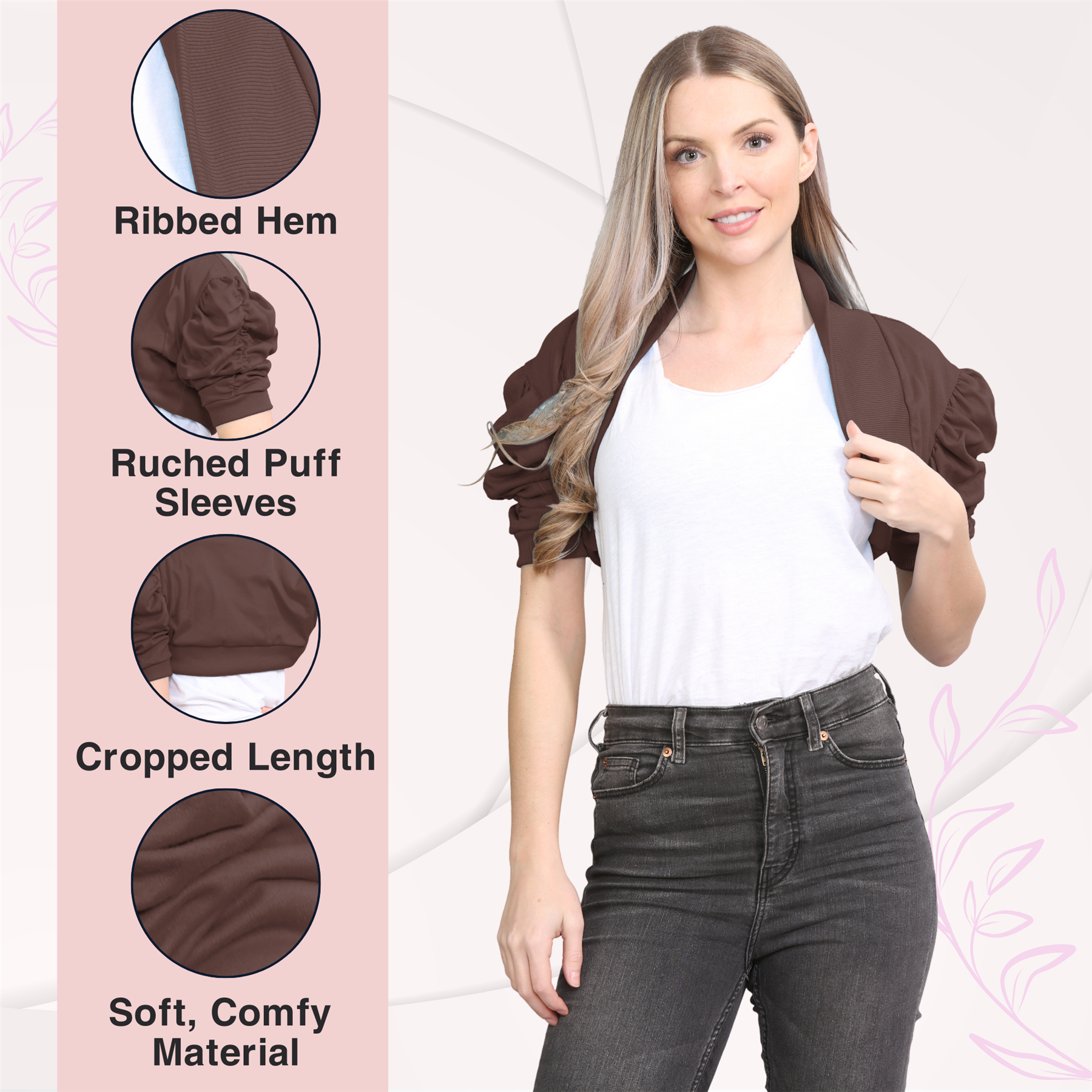 Womens Bolero Shrug Ruched Puff Sleeves Plain Open Cardigan Soft Cotton Crop Top - Picture 31 of 100