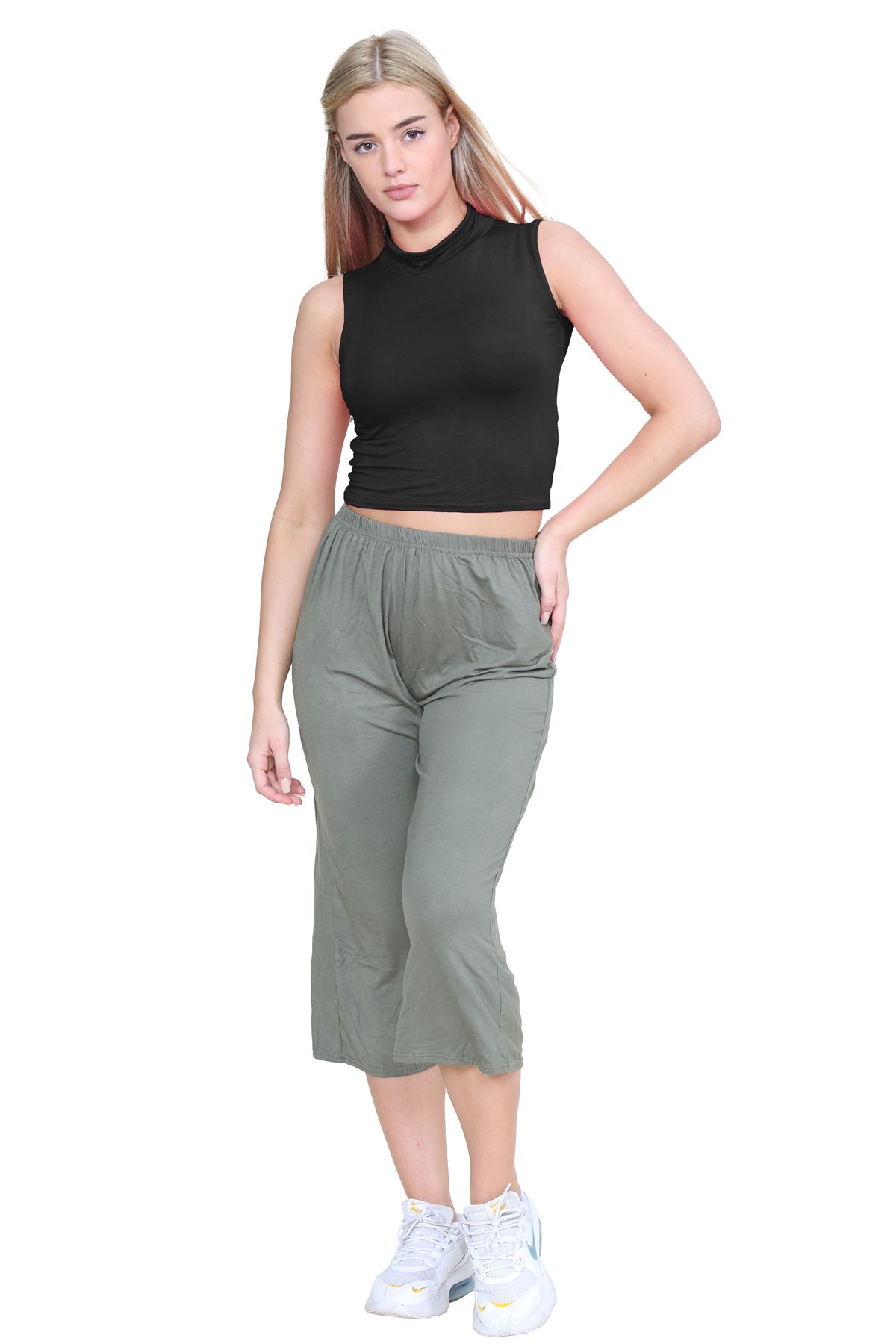 Womens Sleeveless Crop Top Ladies High Turtle Neck Plain Stretchy T-Shirt Vest - Picture 13 of 165