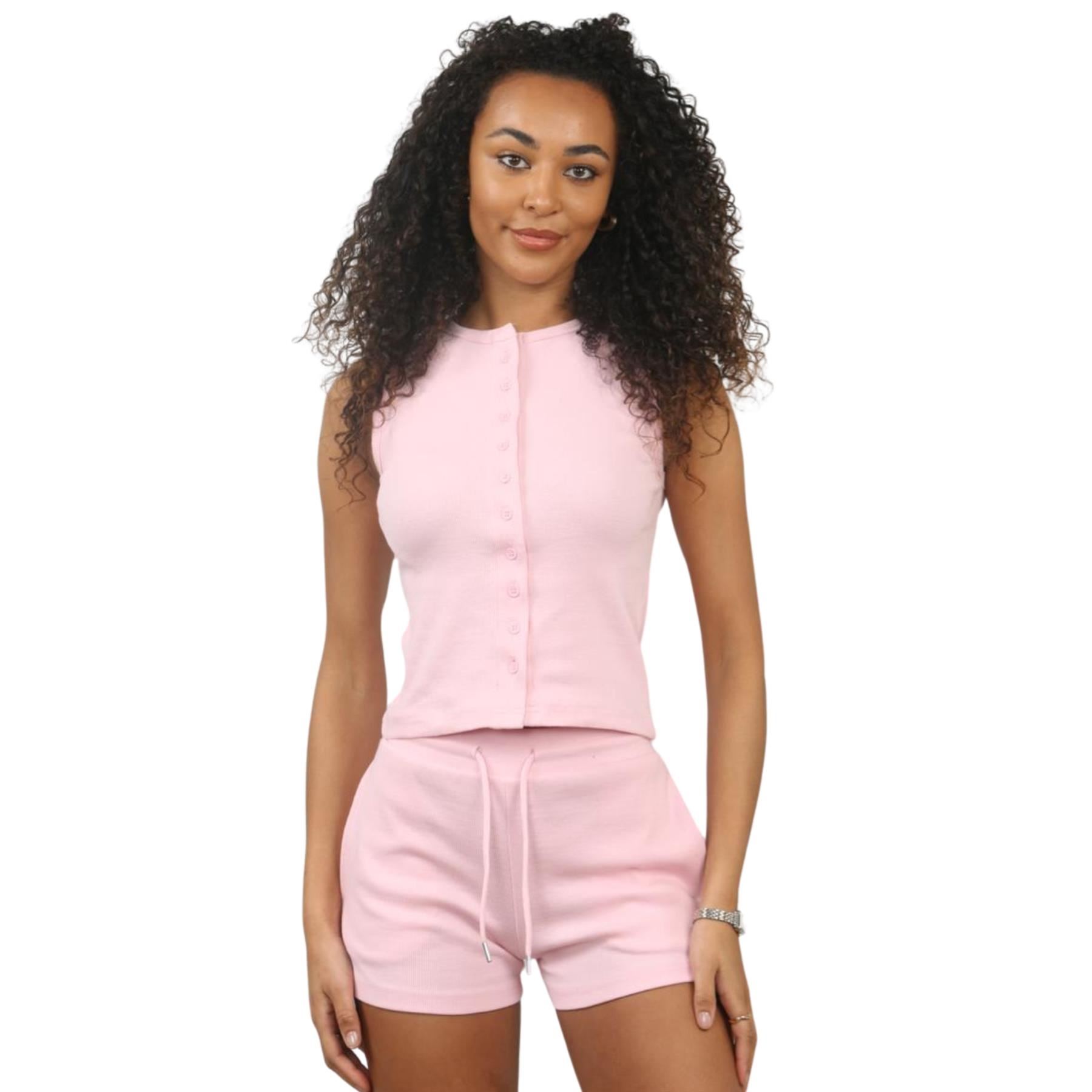 Damen Gerippt Ärmellos Knopfleiste Crop Top und Kordelzug Shorts Loungewear Set - Bild 33 von 49