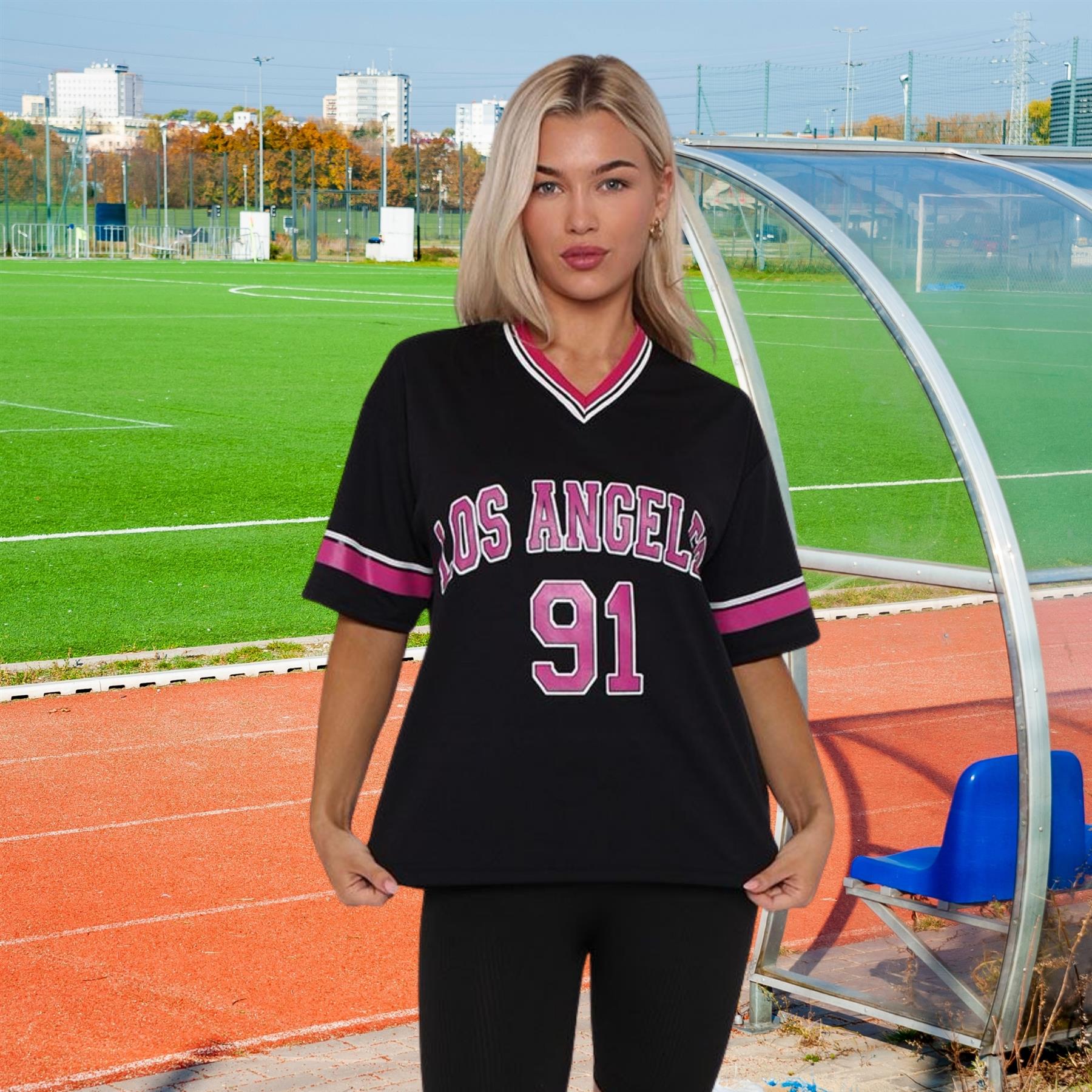 Camiseta de mujer de gran tamaño cuello en V LA 91 fútbol americano universitario holgada verano top - Imagen 14 de 50