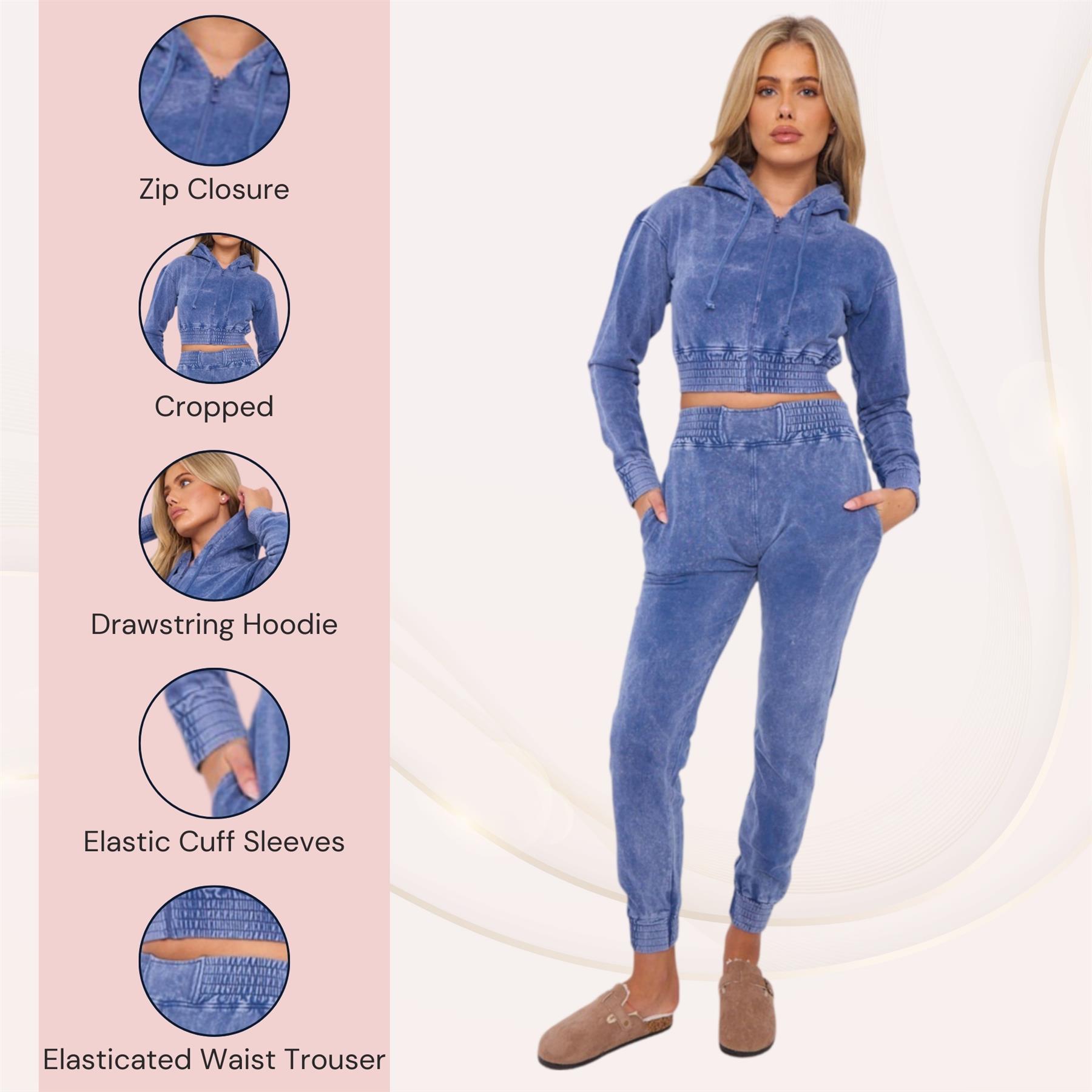 Womens Acid Wash Cropped Zip Hoodie Fleece Joggers Tracksuit 2Pcs Loungewear Set - Picture 6 of 24