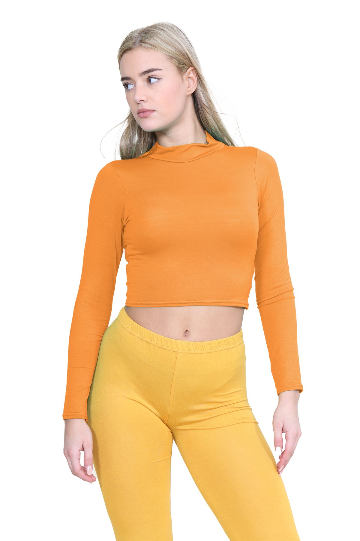 Turtle Neck Crop Top Womens Plain Long Sleeve Stretchy Basic Polo Neck T-Shirt - Picture 86 of 129