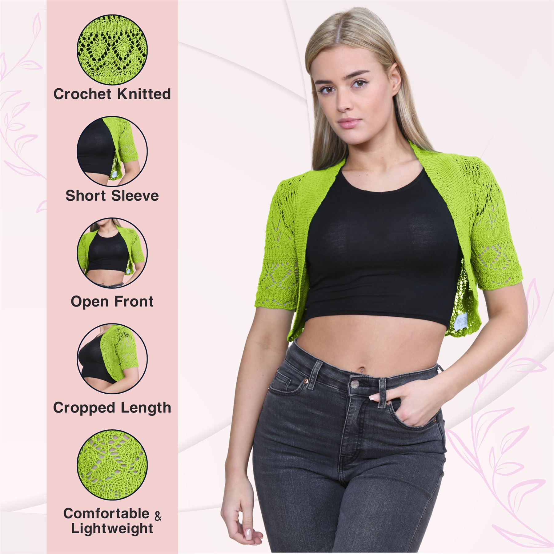 Womens Crochet Knitted Bolero Shrug Short Sleeve Open Front Cardigan Crop Top - Picture 83 of 186