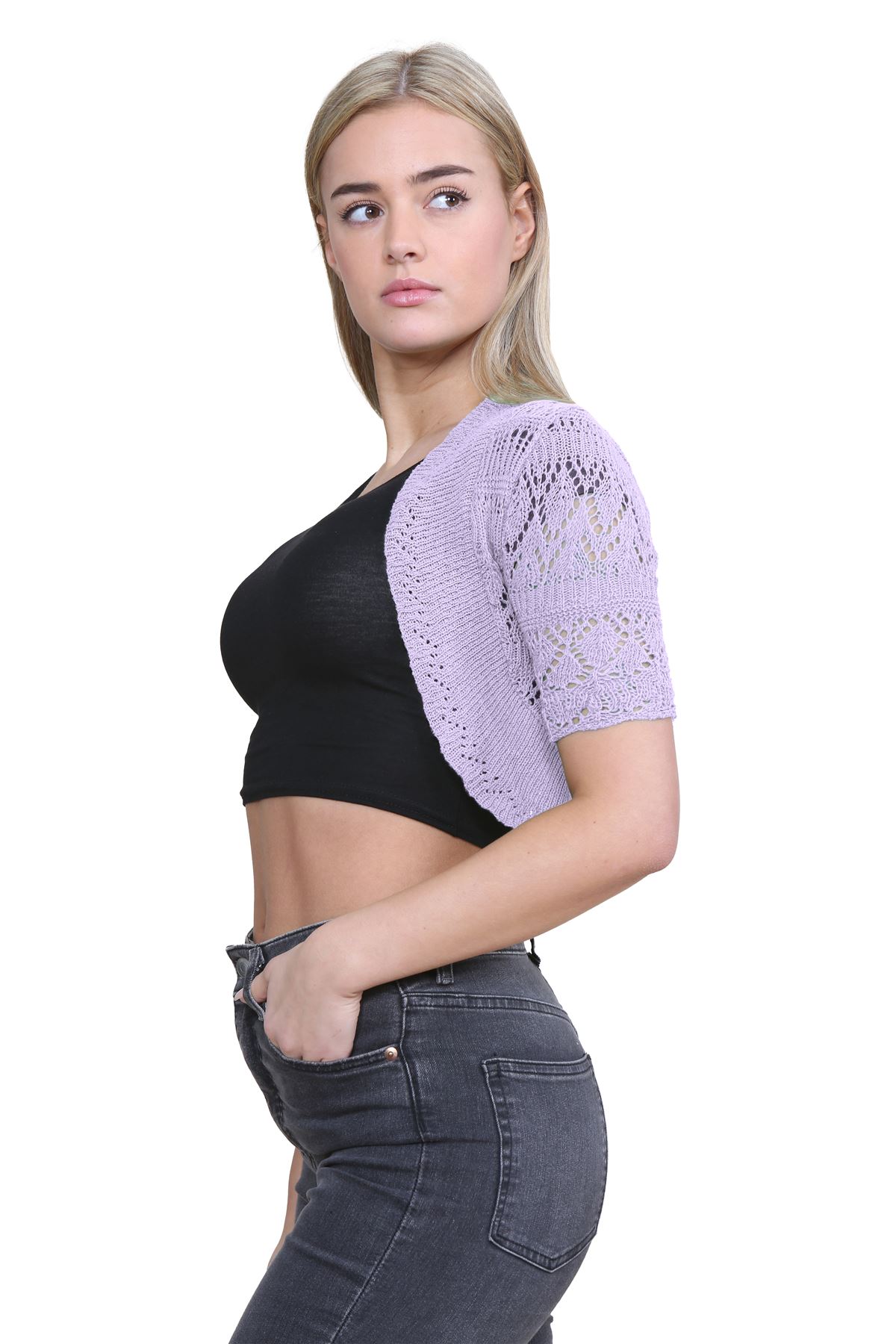 Womens Crochet Knitted Bolero Shrug Short Sleeve Open Front Cardigan Crop Top - Picture 75 of 186