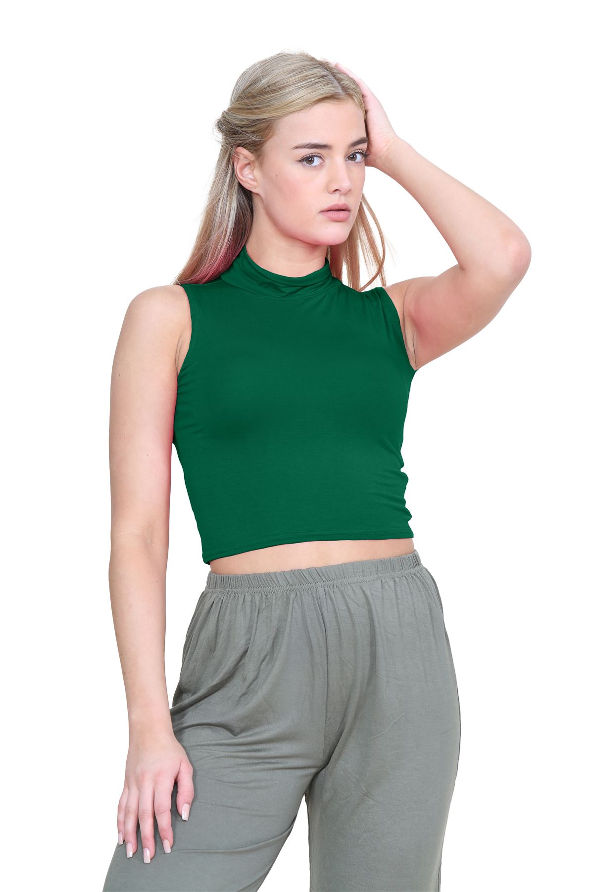 Womens Sleeveless Crop Top Ladies High Turtle Neck Plain Stretchy T-Shirt Vest - Picture 9 of 165