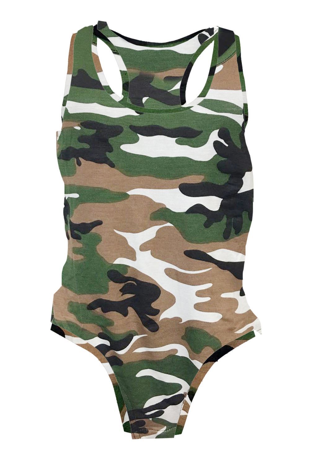 New Womens Ladies Army Printed Muscle Racer Back Sleeveless Bodysuit Leotard Top