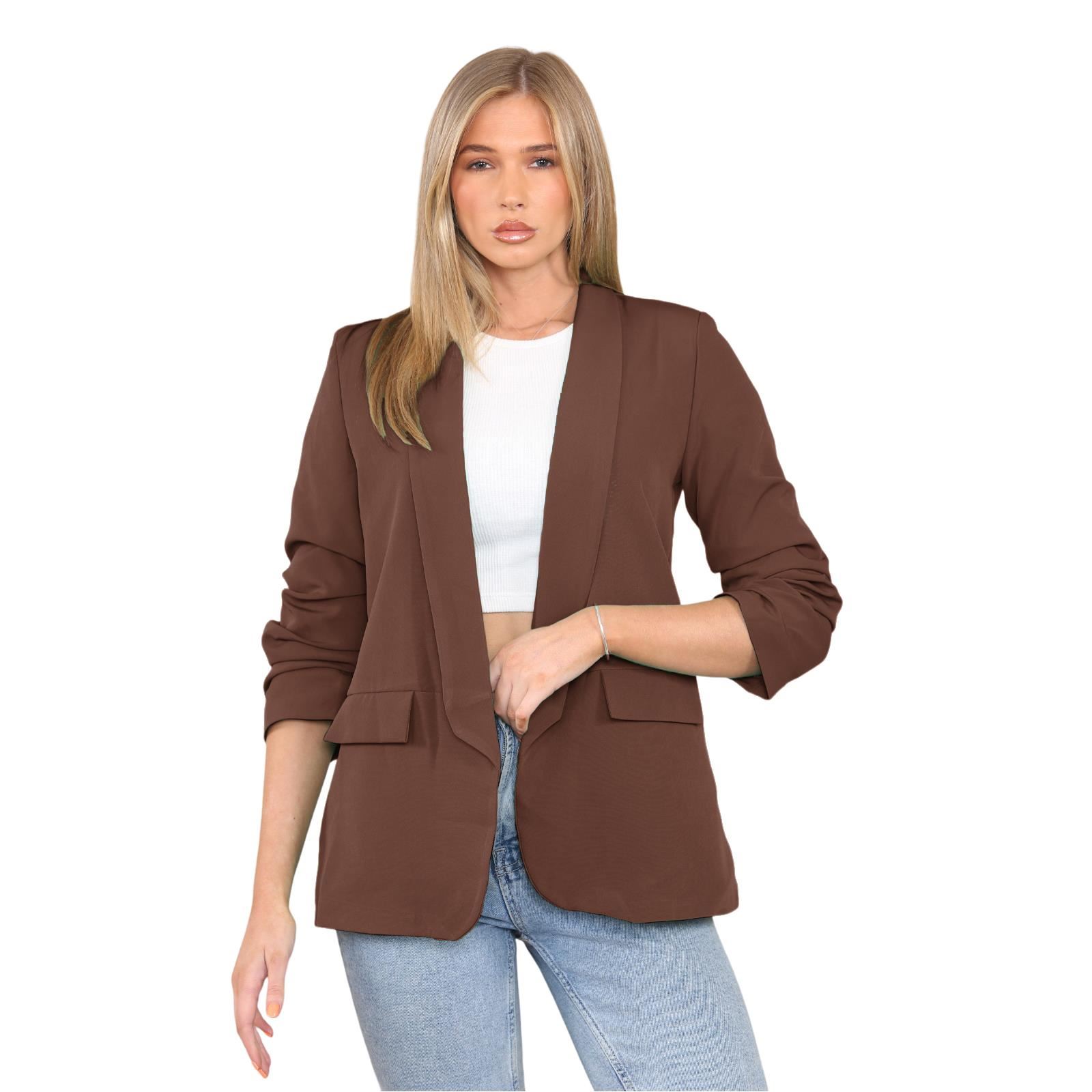 Blazer de manga acanalada para damas totalmente forrado cuello liso informal chaqueta de oficina top - Imagen 11 de 97