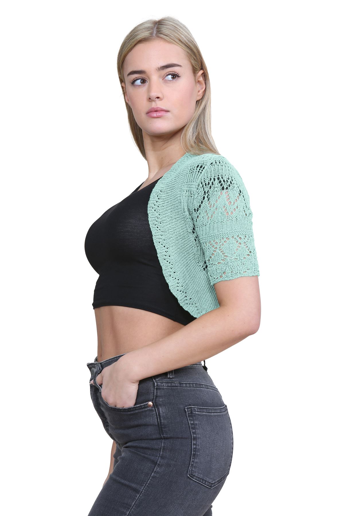 Womens Crochet Knitted Bolero Shrug Short Sleeve Open Front Cardigan Crop Top - Picture 3 of 186