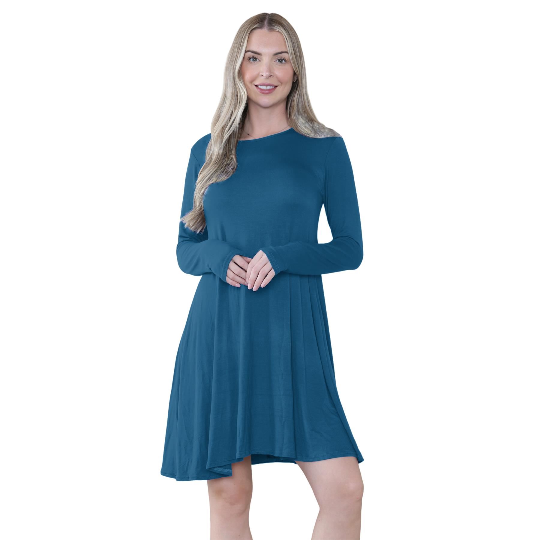 Damen Swing Kleid Uni Langarm Freizeit Ausgestellt A Linie Mini Oberteil Übergröße - Bild 83 von 100