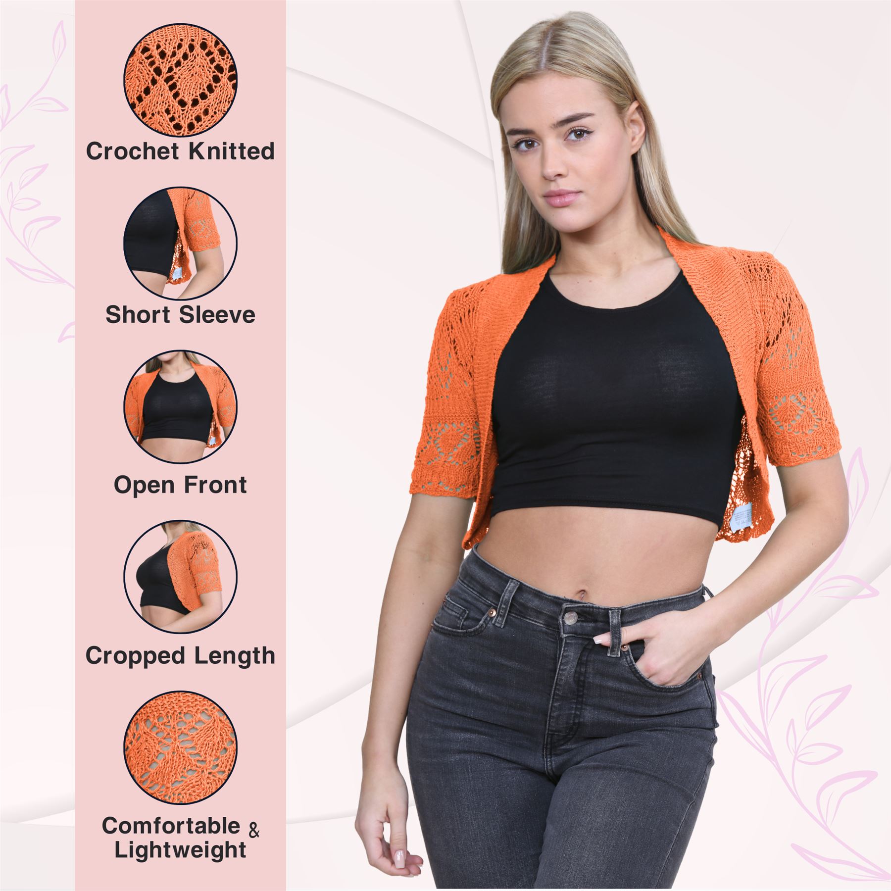 Womens Crochet Knitted Bolero Shrug Short Sleeve Open Front Cardigan Crop Top - Picture 119 of 186