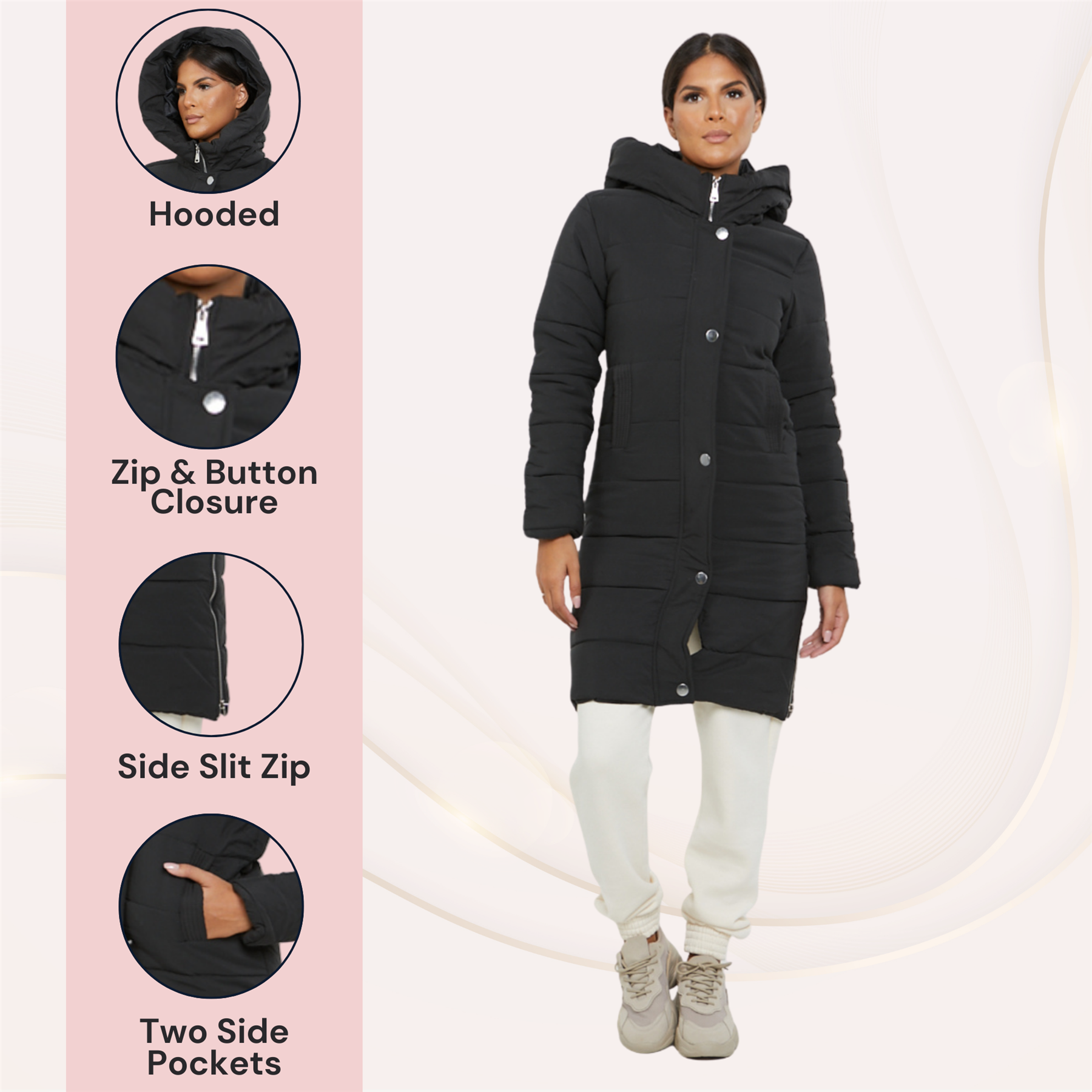 Womens Hooded Longline Coat Puffer Padded Long Sleeve Bodywarmer Winter Jacket - Picture 14 of 50