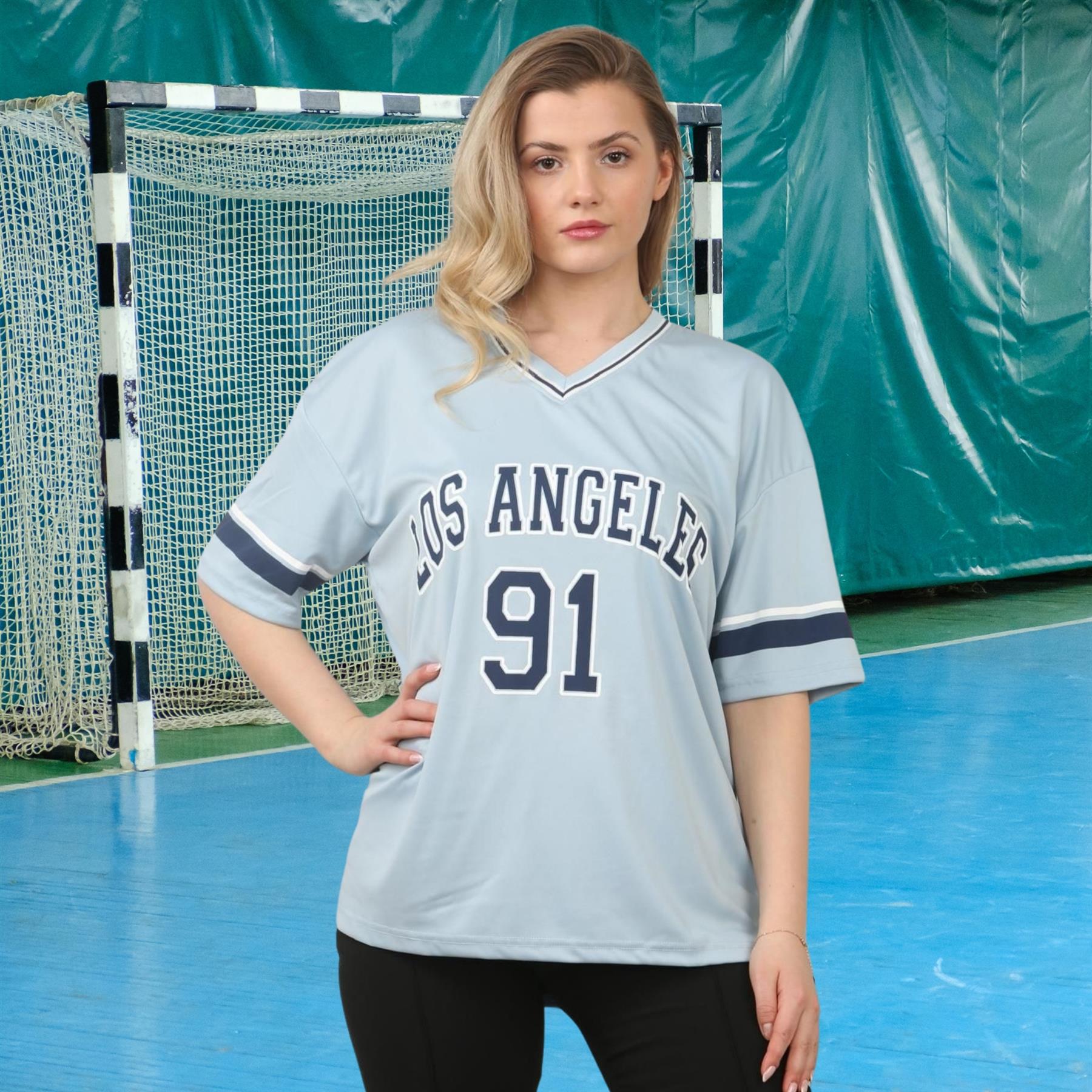Camiseta de mujer de gran tamaño cuello en V LA 91 fútbol americano universitario holgada verano top - Imagen 43 de 50