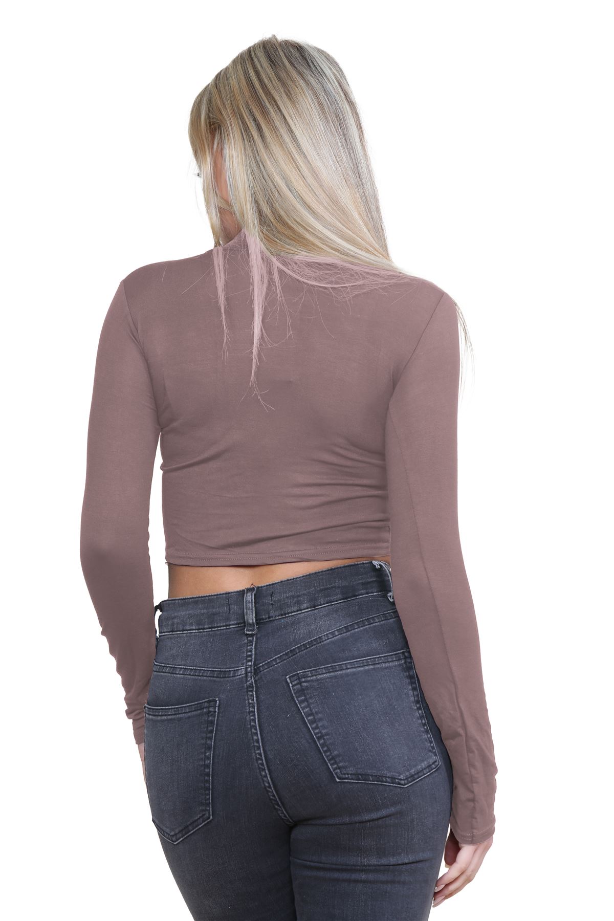 Turtle Neck Crop Top Womens Plain Long Sleeve Stretchy Basic Polo Neck T-Shirt - Picture 55 of 129