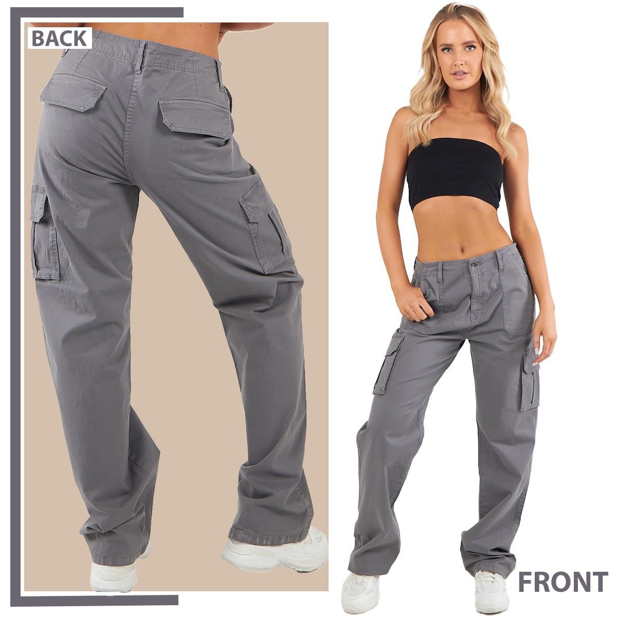 Pantalones de carga de algodón para mujer bolsillos de cintura baja calce suelto pierna ancha pantalones de combate - Imagen 14 de 26