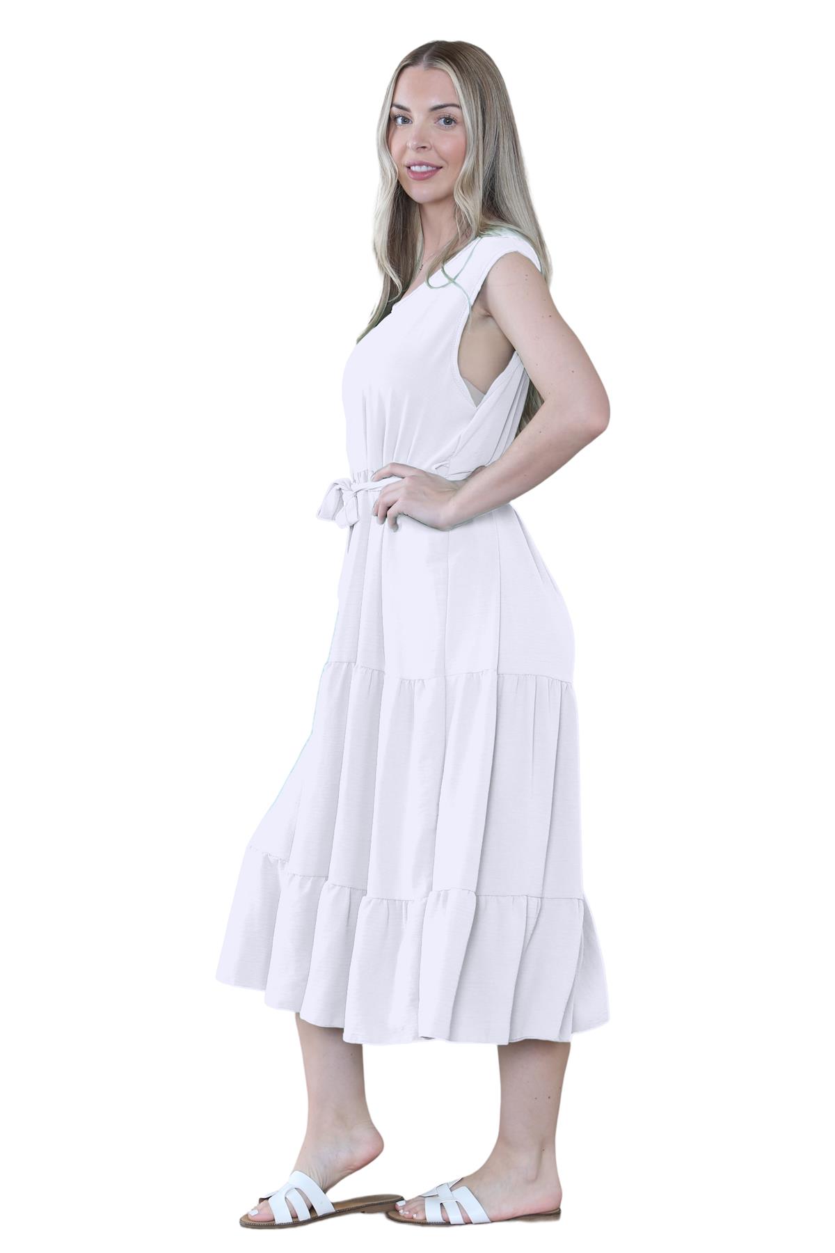 Womens Italian Smock Dress Sleeveless Belted Midi Dress Plain Frill Summer Dress - Picture 60 of 64