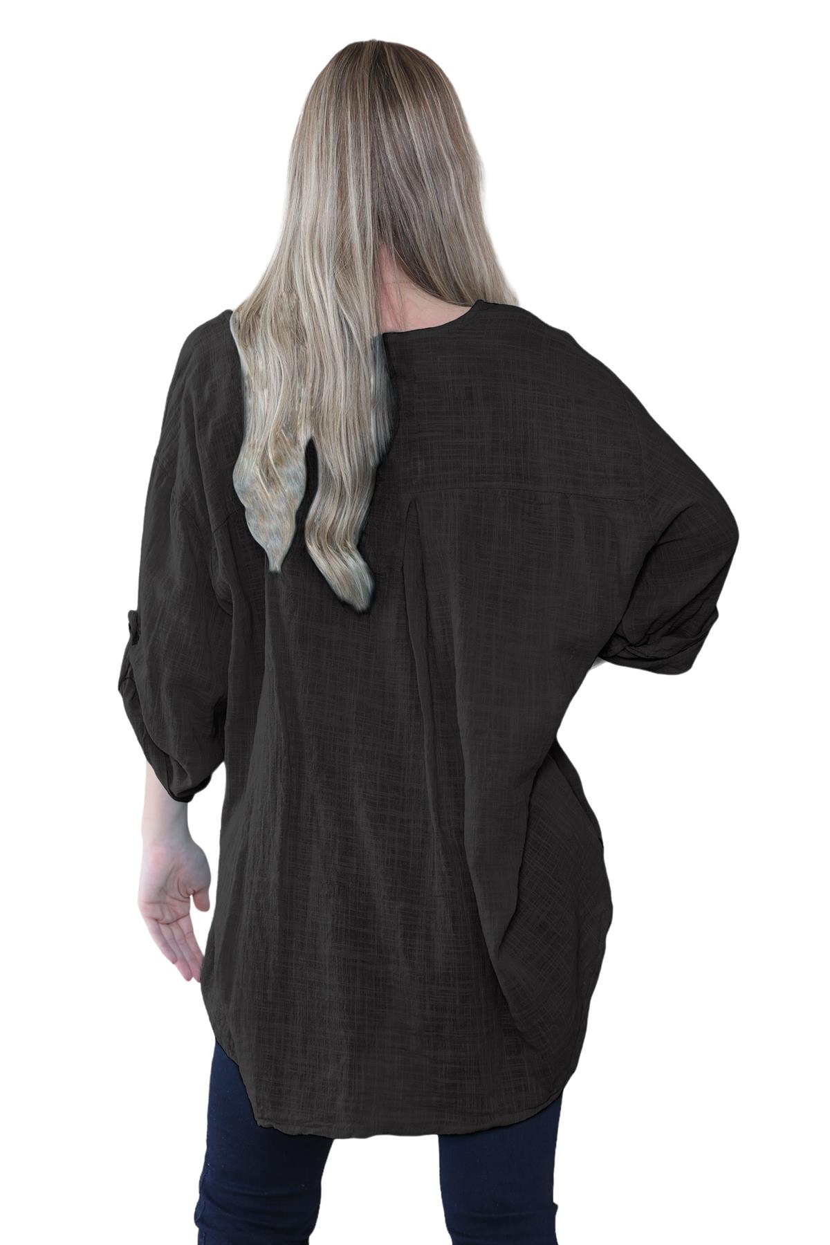Camiseta informal lisa de lino y algodón con un botón de manga giratoria italiana para dama - Imagen 4 de 63