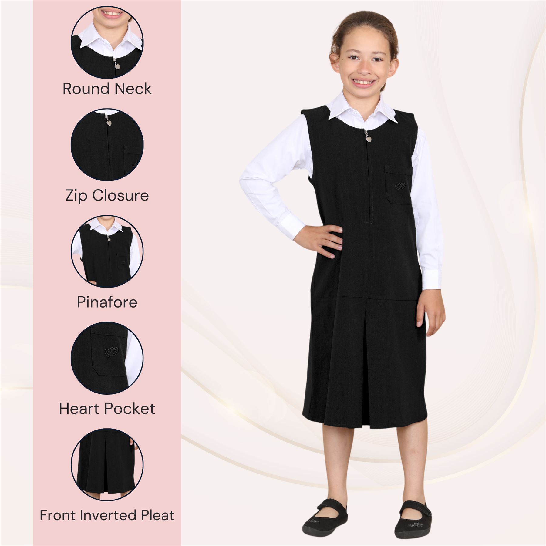 Niñas Corazón Bolsillo Delantal Niños Sin Mangas Plisado Cremallera Uniforme Escolar Vestido - Imagen 6 de 22