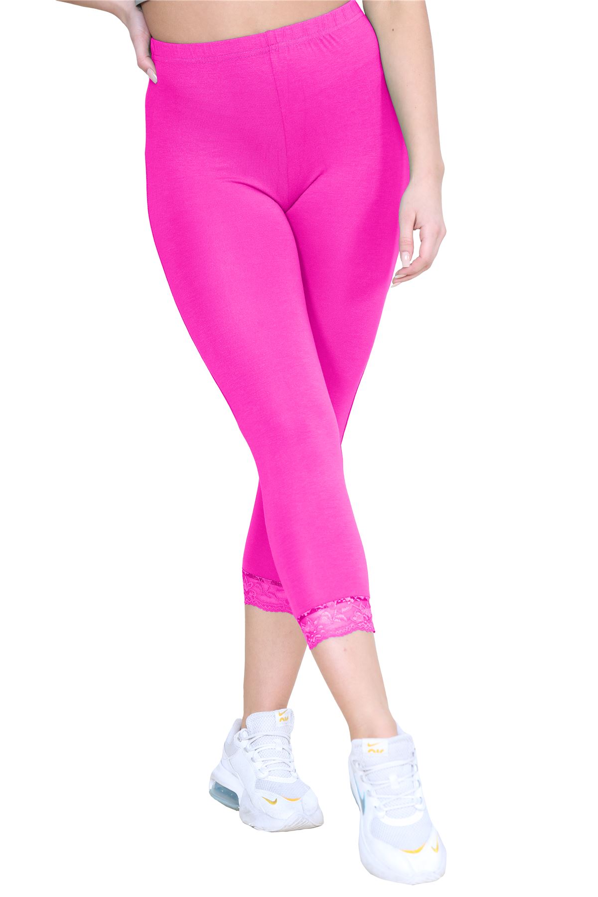 New Ladies Plain Lace Trim Cropped Yoga Stretchy 3/4 Length Capri Leggings Pants - Picture 61 of 132